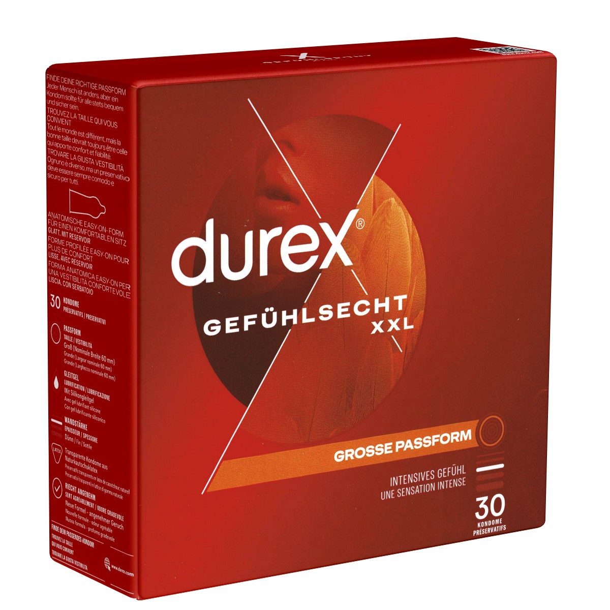 durex XXL-Kondome Gefühlsecht XXL Packung mit, 30 St., extra große und hauchzarte Markenkondome mit Easy-On™-Passform