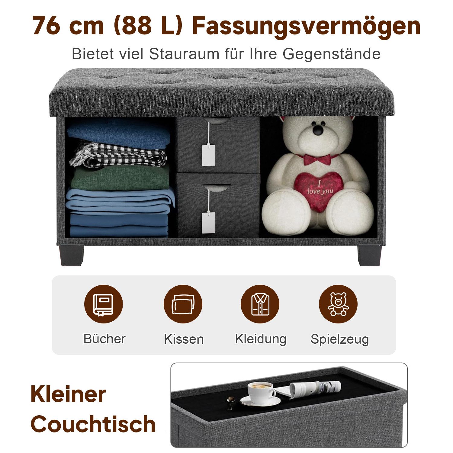 Refined Living Sitzhocker Sitzbank mit Stauraum Schuhbank Spielzeugtruhe Fußhocker Ottomane (Sitzhocker Klappbare Aufbewahrungs-Ottomane Bank Aufbewahrungsbox,  – Bild 3 von 5