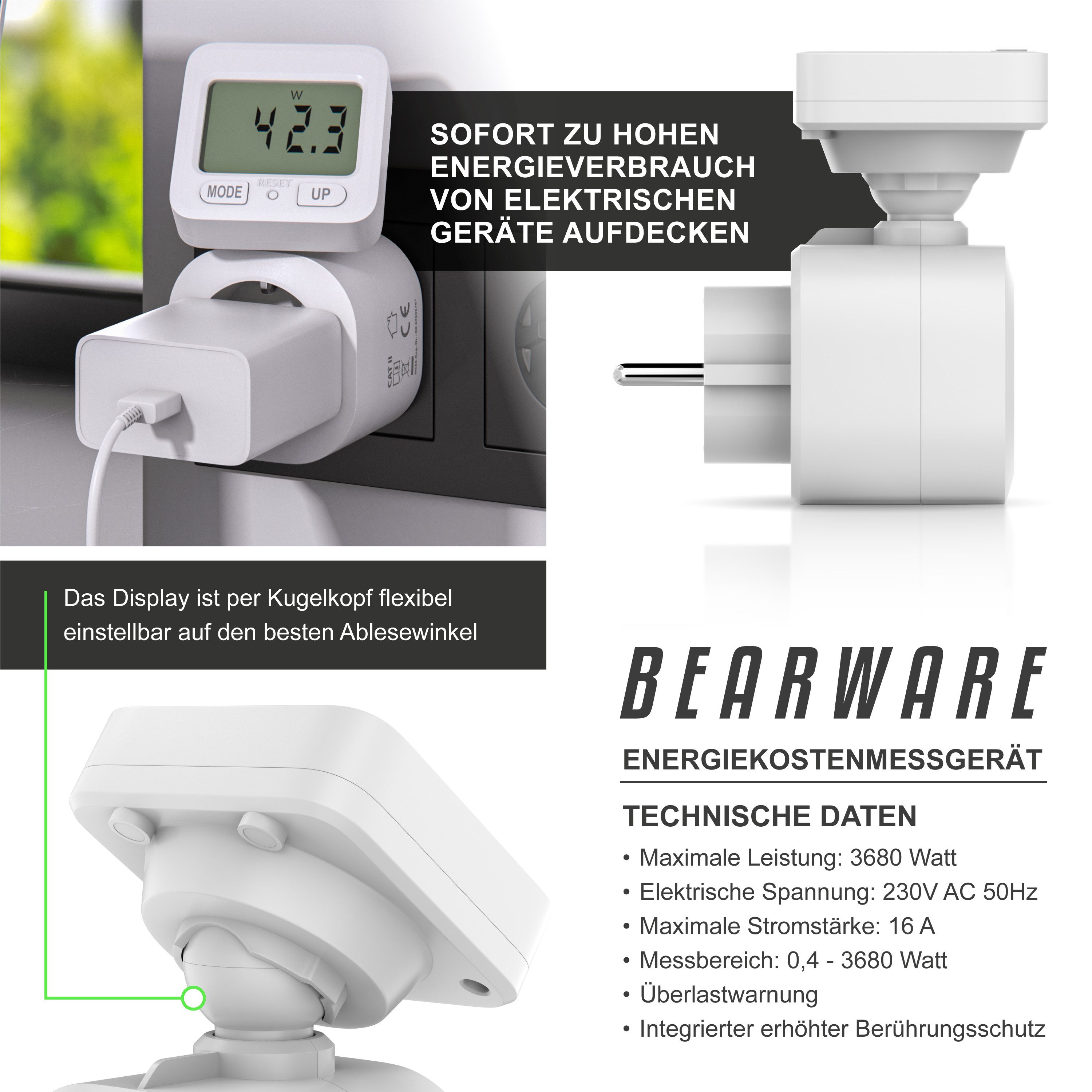 BEARWARE Energiekostenmessgerät max. 3680 W, Strommesser, günstig online kaufen