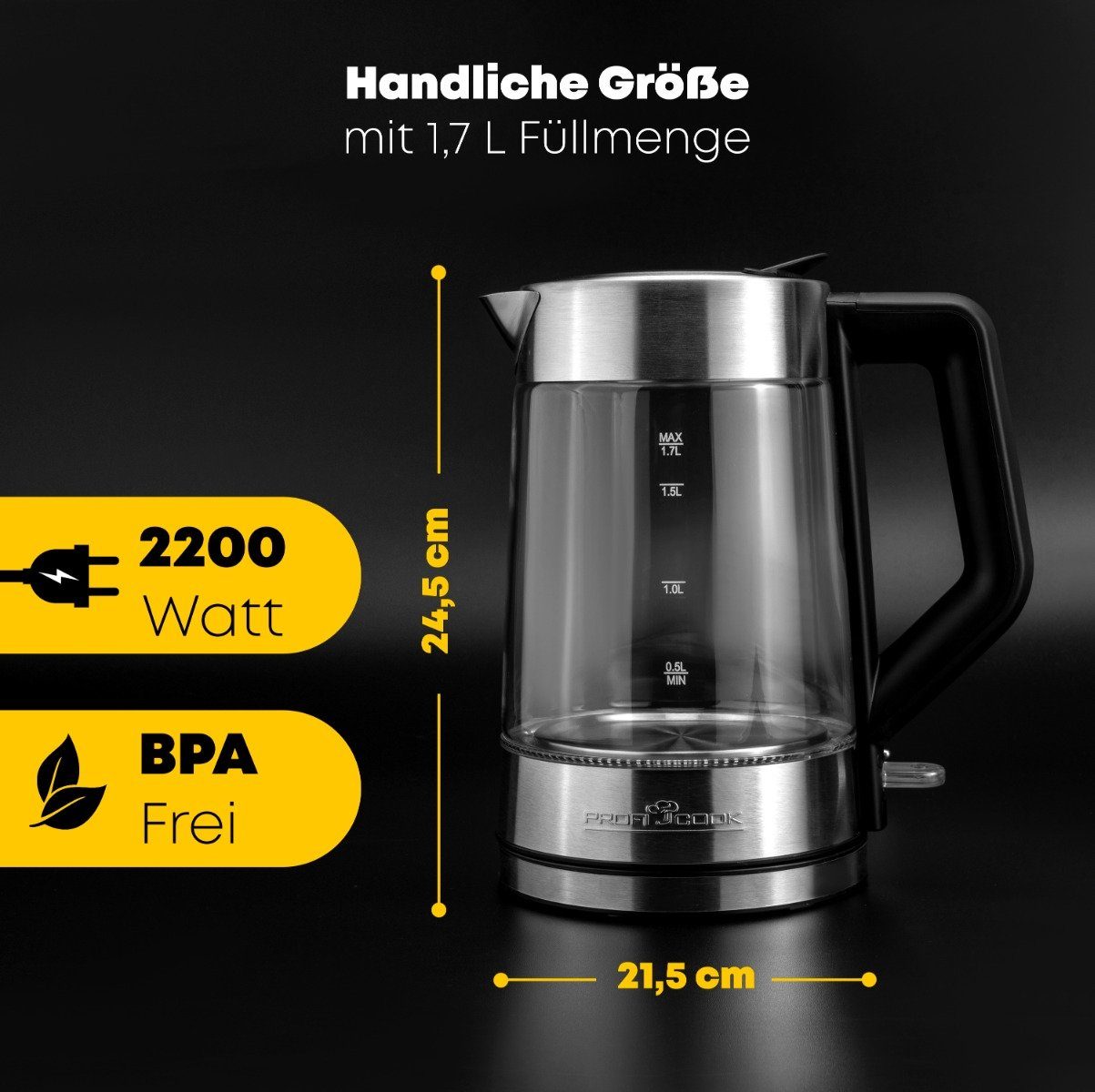 ProfiCook Wasserkocher PC-WKS 1190 G, Wasserkocher mit bunter Beleuchtung 1,7L Füllmenge