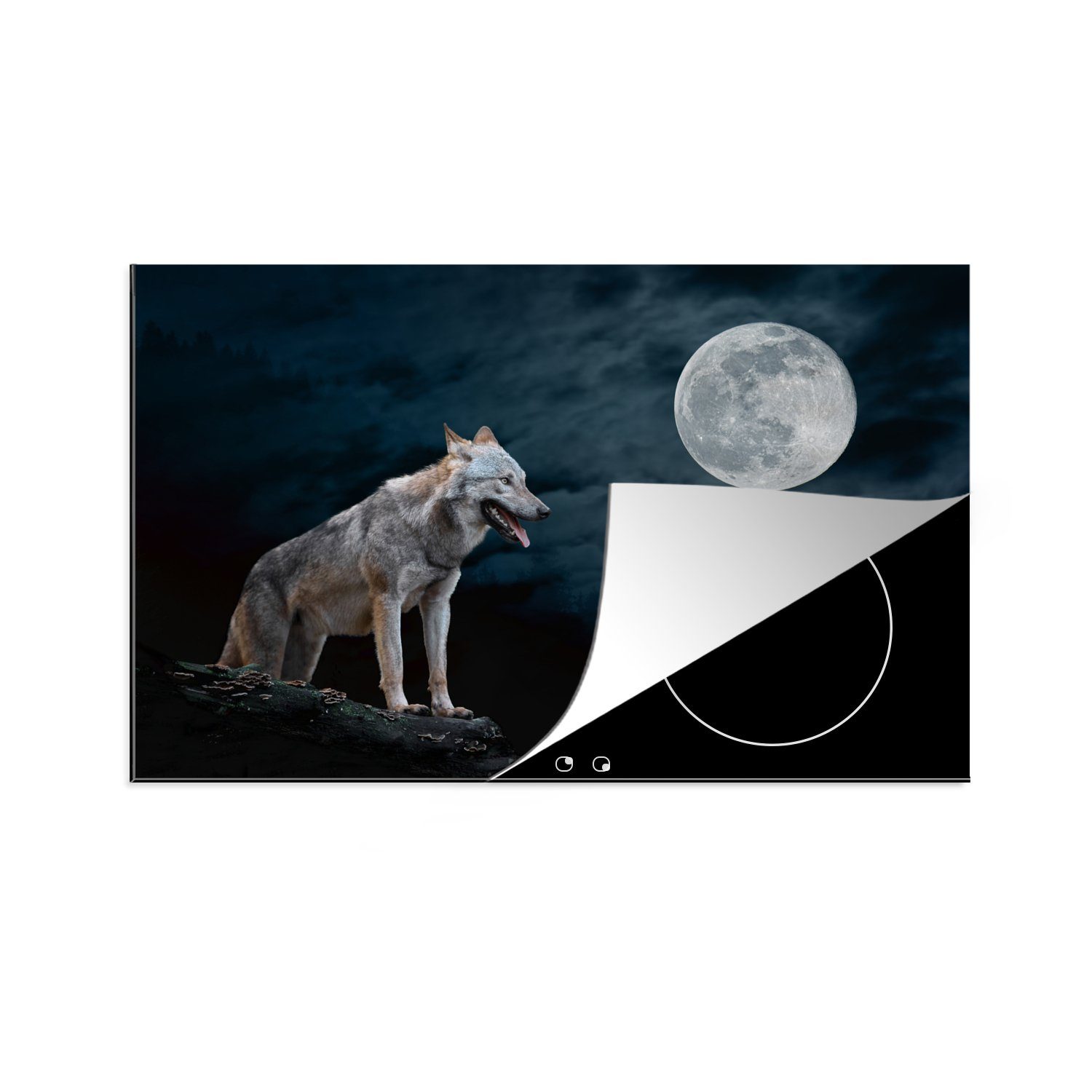 cm, - Porträt, Herdblende-/Abdeckplatte Nacht Ceranfeldabdeckung, - Vinyl, Tiere (1 81x52 küche tlg), - Mond für MuchoWow Wolf - Arbeitsplatte