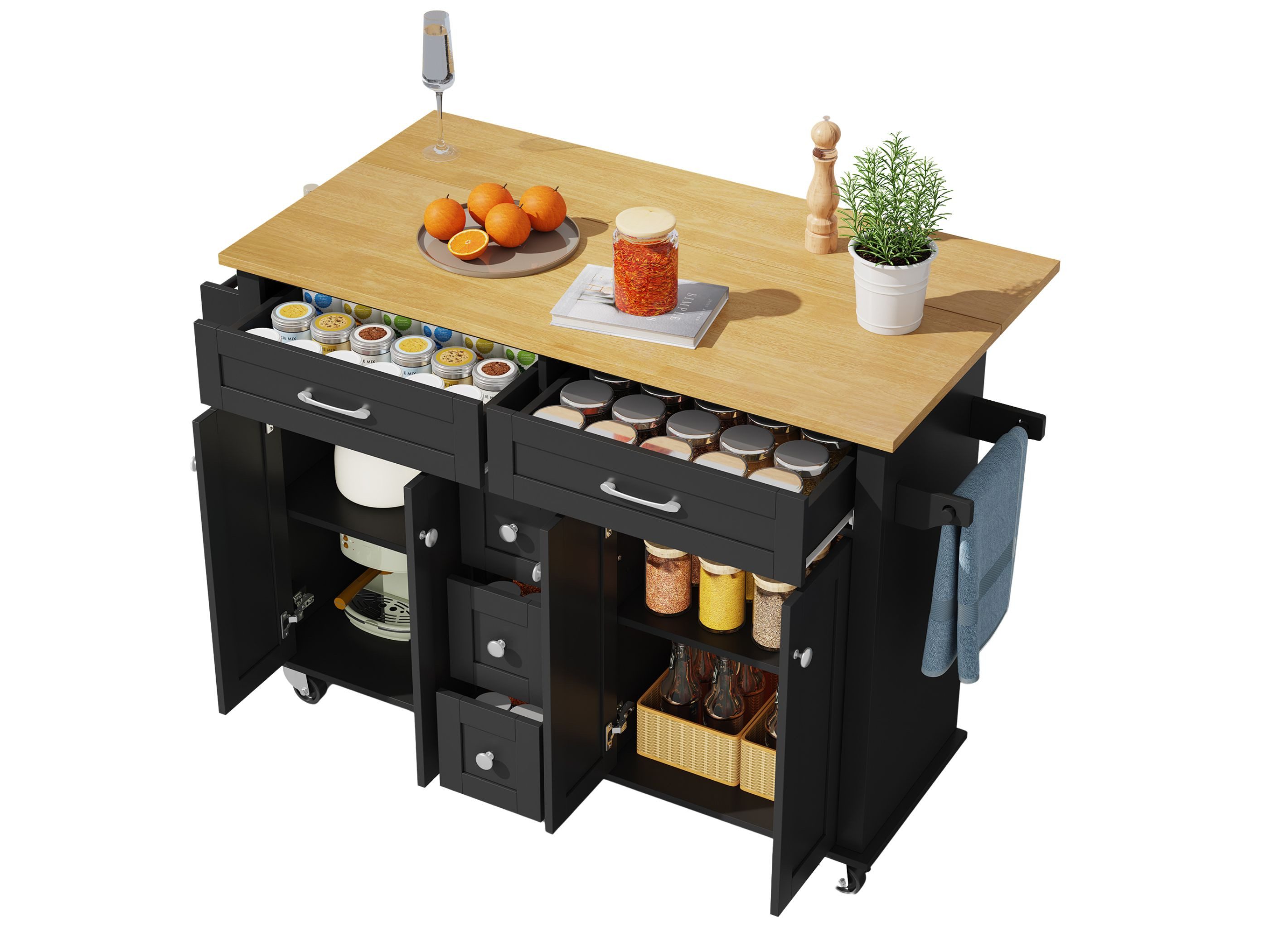 SeedWave Kücheninsel mit 65 cm klappbarer Tischplatte, 2 großen & 3 kleinen Schubladen, Stauschrank, Seitenregal & Handtuchhalter,Rollen mit Feststellfunktion