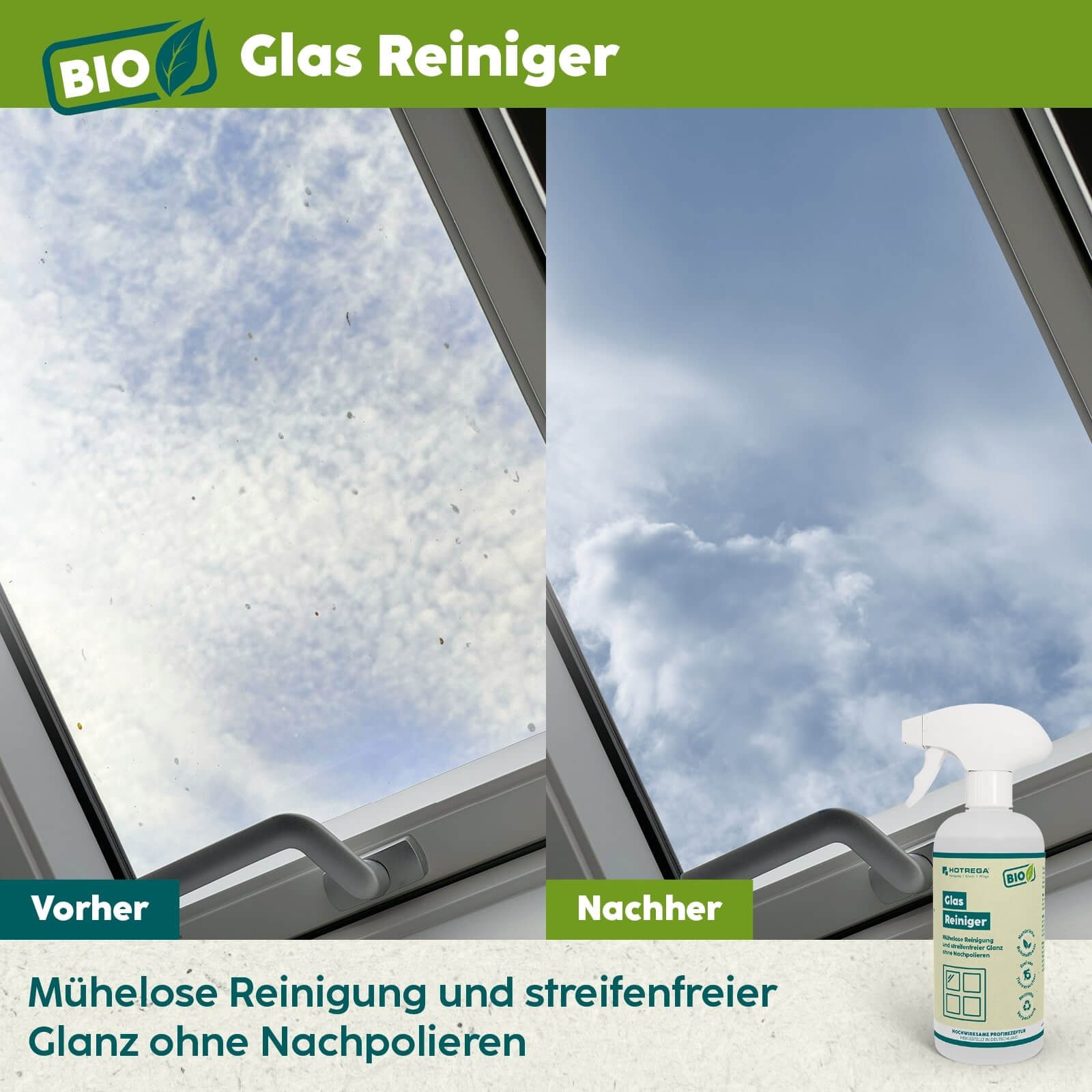 HOTREGA® BIO Glasreiniger 500ml Glasreiniger (Spiegelreiniger, Fensterreiniger, Fliesenreiniger, Kunststoffreiniger)