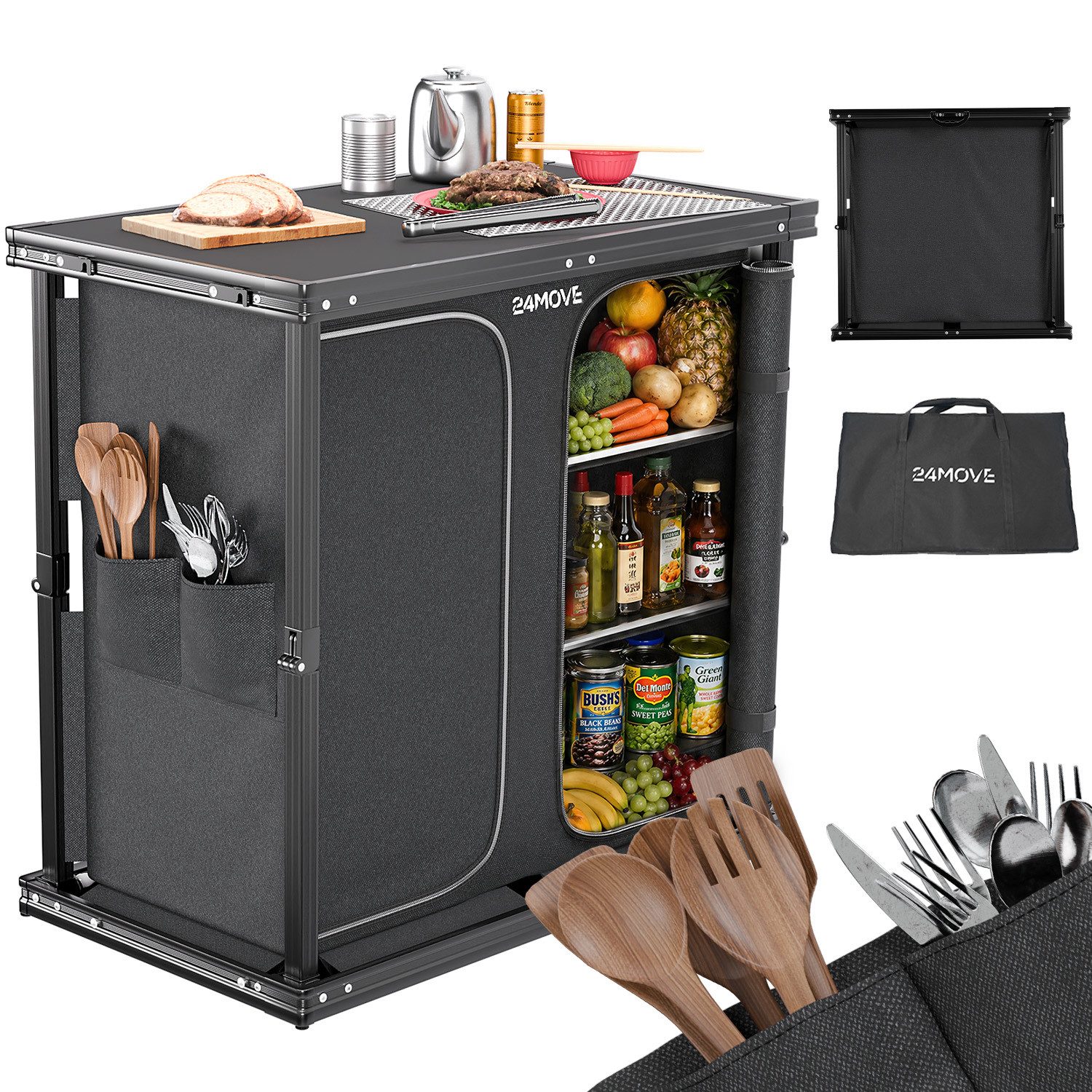 24Move Campingschrank Campingküche AVERSA faltbar, Aluminium Reiseküche mit Staufächern (Aluminium Reiseküche mit Staufächern, Campingküche AVERSA faltbar) Stabil, kompakt, mit Stauraum, leicht transportierbar, pflegeleicht