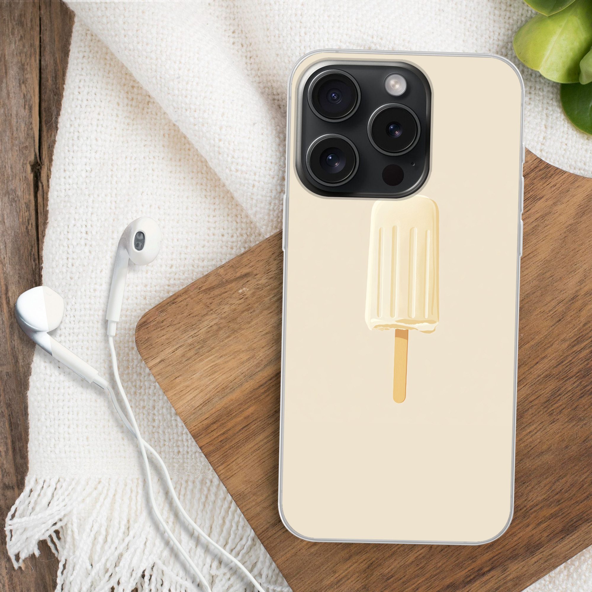 MuchoWow Handyhülle für Apple iPhone 15 Pro Minimalistisch - Wassereis - Stick - Beige, Smartphone-Bumper, Print, Handy Schutzhülle Dünn