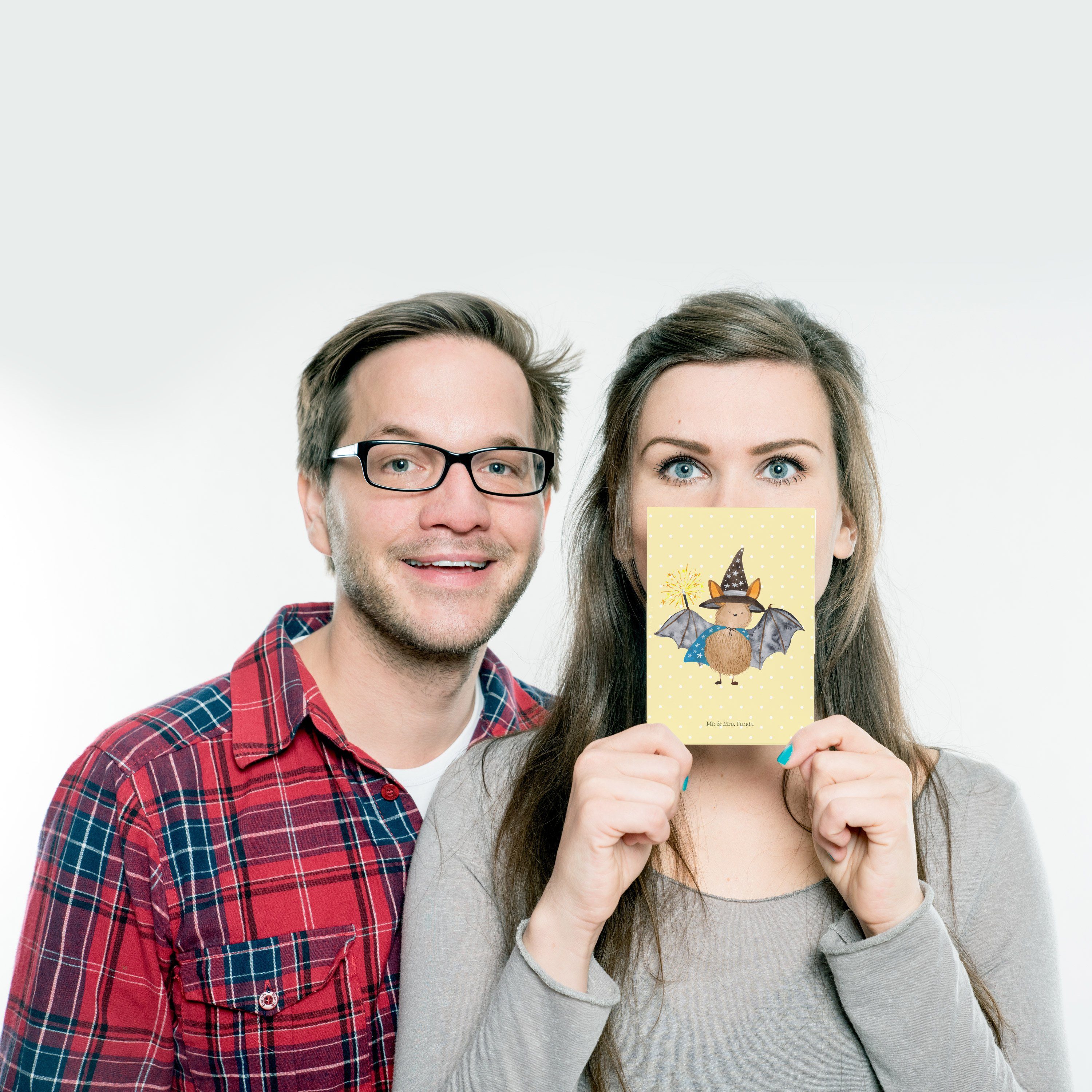 Geschenk, Fledermaus Mr. Mrs. & Zauberer Pastell - Sprüche, lustige Magie Panda - Gelb Postkarte