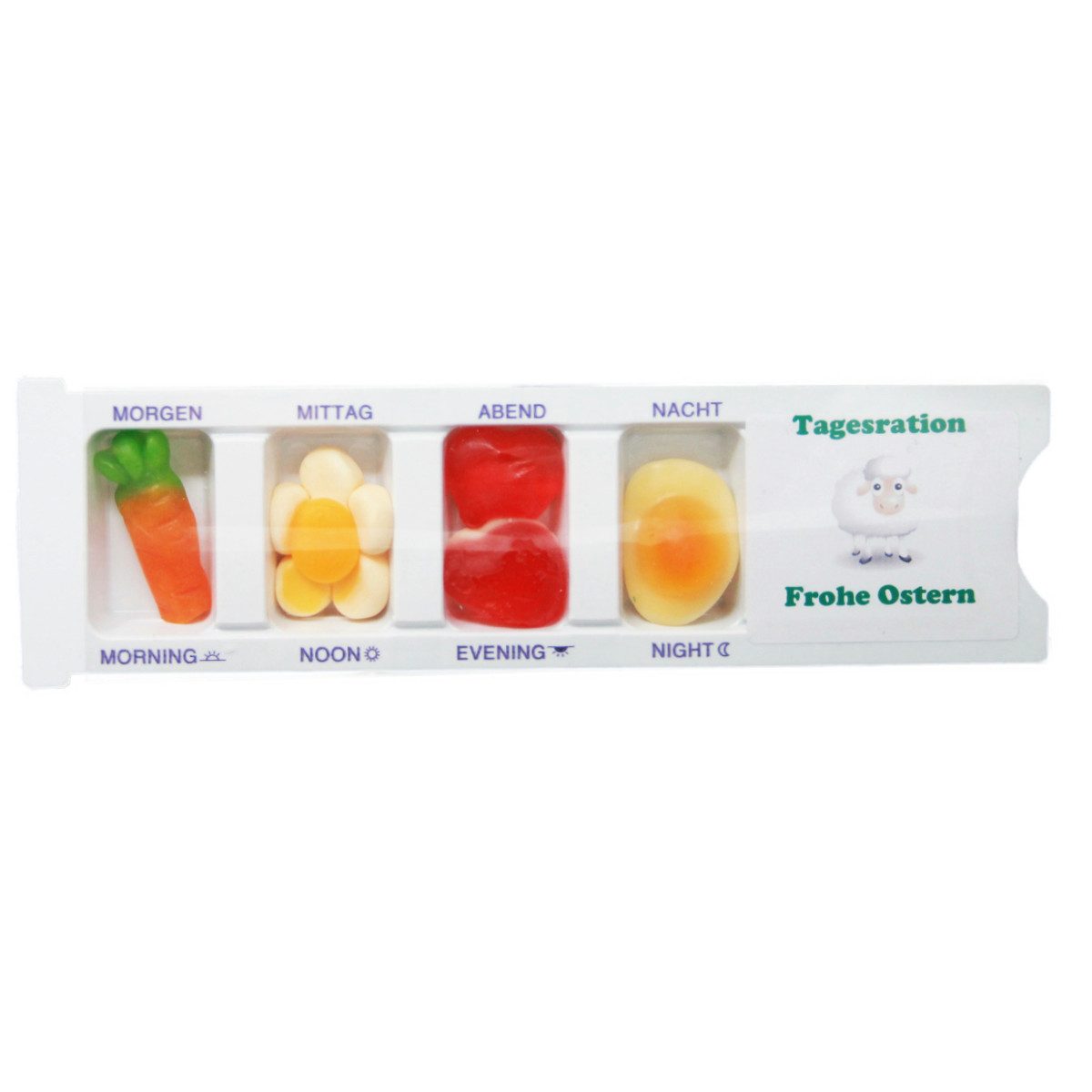 Fruchtgummi Bären & Co. Süßigkeit, Tablettenbox Frohe Ostern Osterlamm mit Fruchtgummi Scherzartikel 25g