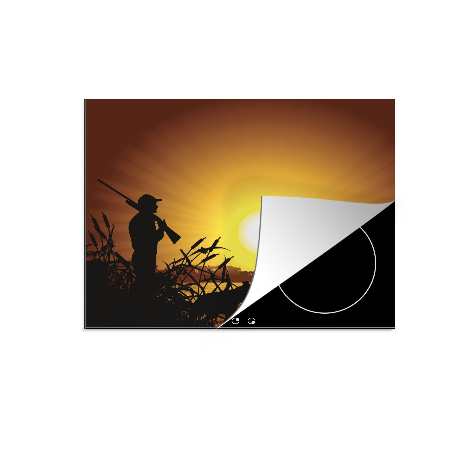 MuchoWow Herdblende-/Abdeckplatte Illustration eines Jägers mit seinem Jagdhund während eines, Vinyl, (1 tlg), 60x52 cm, Mobile Arbeitsfläche nutzbar, Ceranfeldabdeckung
