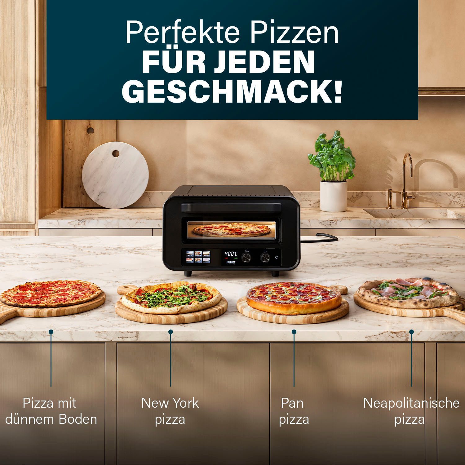 PRINCESS Minibackofen Princess 112780 Pizzaofen Pro Max - Benutzerfreundliche digitale Steue, 15L, 400°C, Digitales Bedienfeld, 2100W, Pizzastein & Schaufel