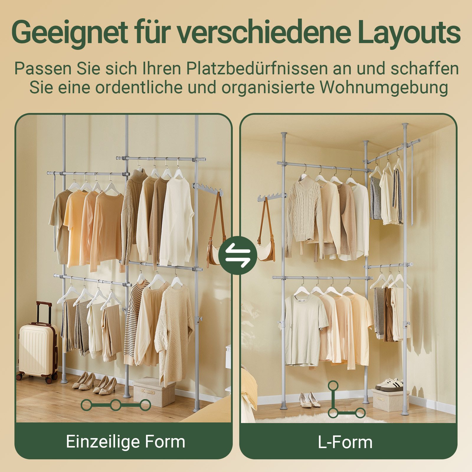 SoBuy Kleiderständer KLS03, verstellbarer offener Kleiderschrank für Schlafzimmer, Garderobenständer mit 4 Kleiderstangen Teleskop Garderoben System