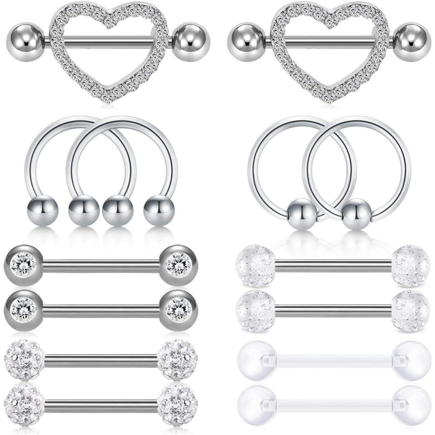 Brustwarzenpiercing Brustwarzenpiercing Stahl 14G Zirkonia Herz Ring 14pcs-silber