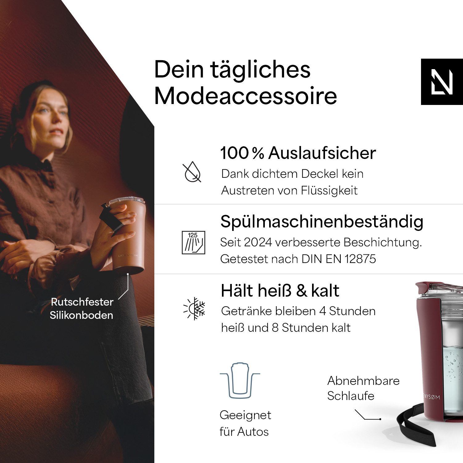 LARS NYSØM Thermobecher Rørelse, 1-tlg., Thermobecher m. Isolierung & Trageschlaufe: 4h heiß/8h kühl