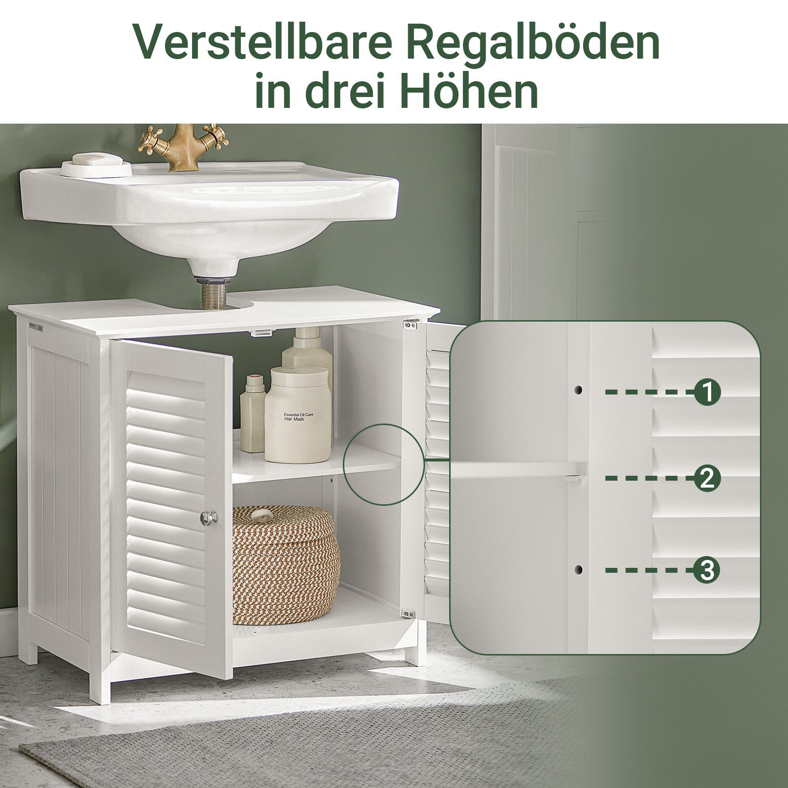 SoBuy Waschbeckenunterschrank FRG237, Waschtischunterschrank mit 2 Türen, verstellbare Ablage Badezimmerschrank Waschbeckenunterschrank Badschrank Unterschrank – Bild 4 von 5