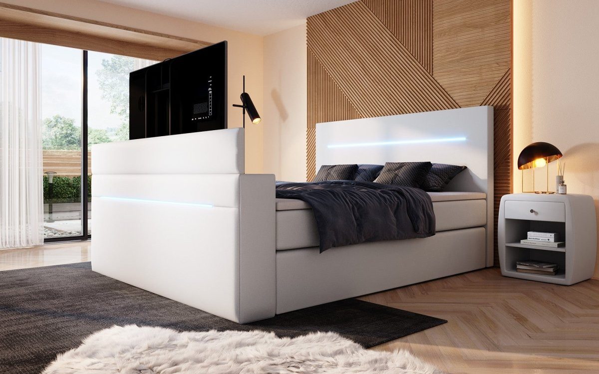 Luxusbetten24 Boxspringbett Sejour, mit TV Lift, RGB und Stauraum