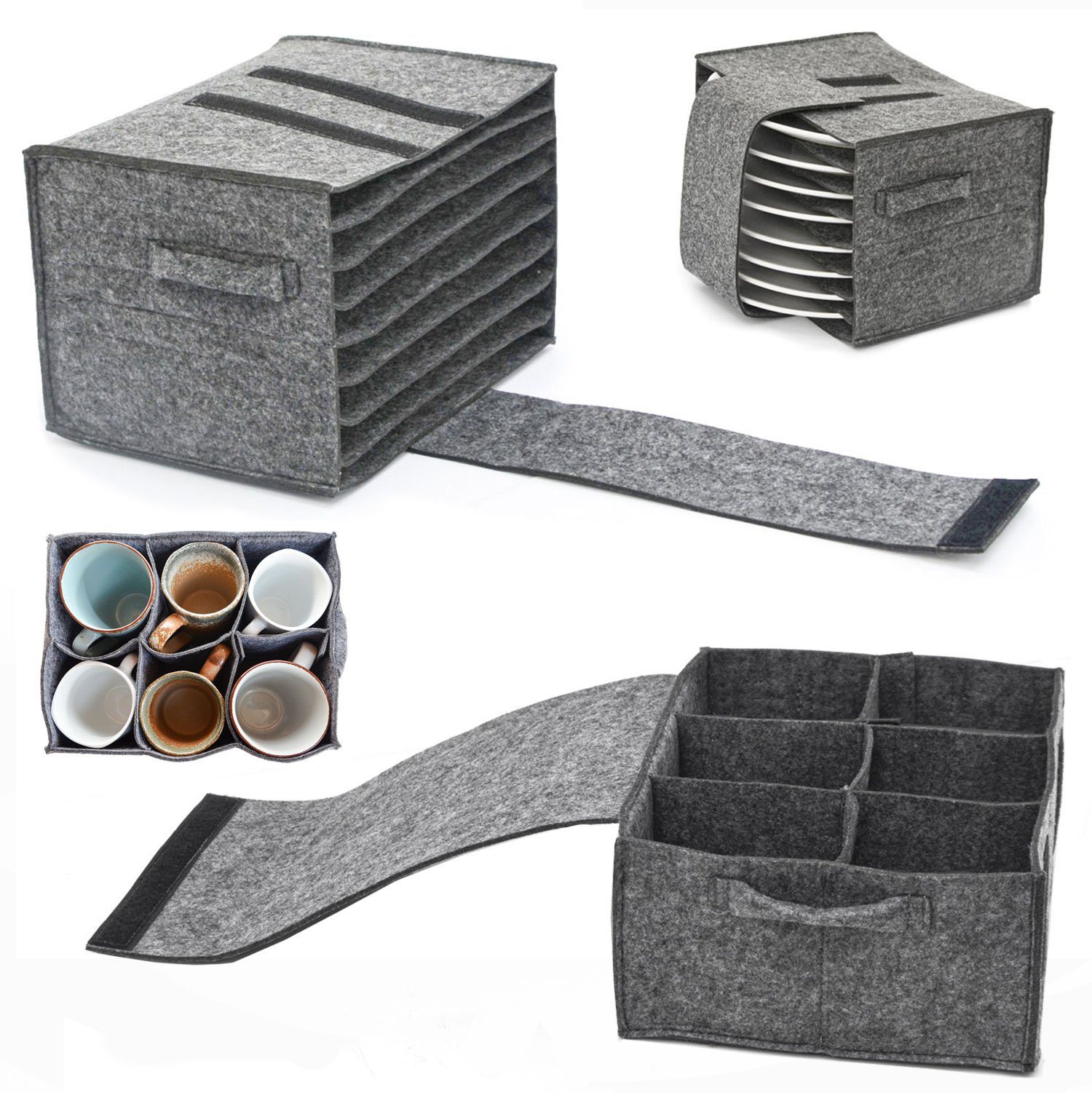 DuneDesign Becherhalter 2er Set Wohnmobil Tellerhalter - 8 Teller Camping Geschirrhalter Filz, Geschirr Organizer mit Griffen & Klettverschluss - Camper & Wohnwagen