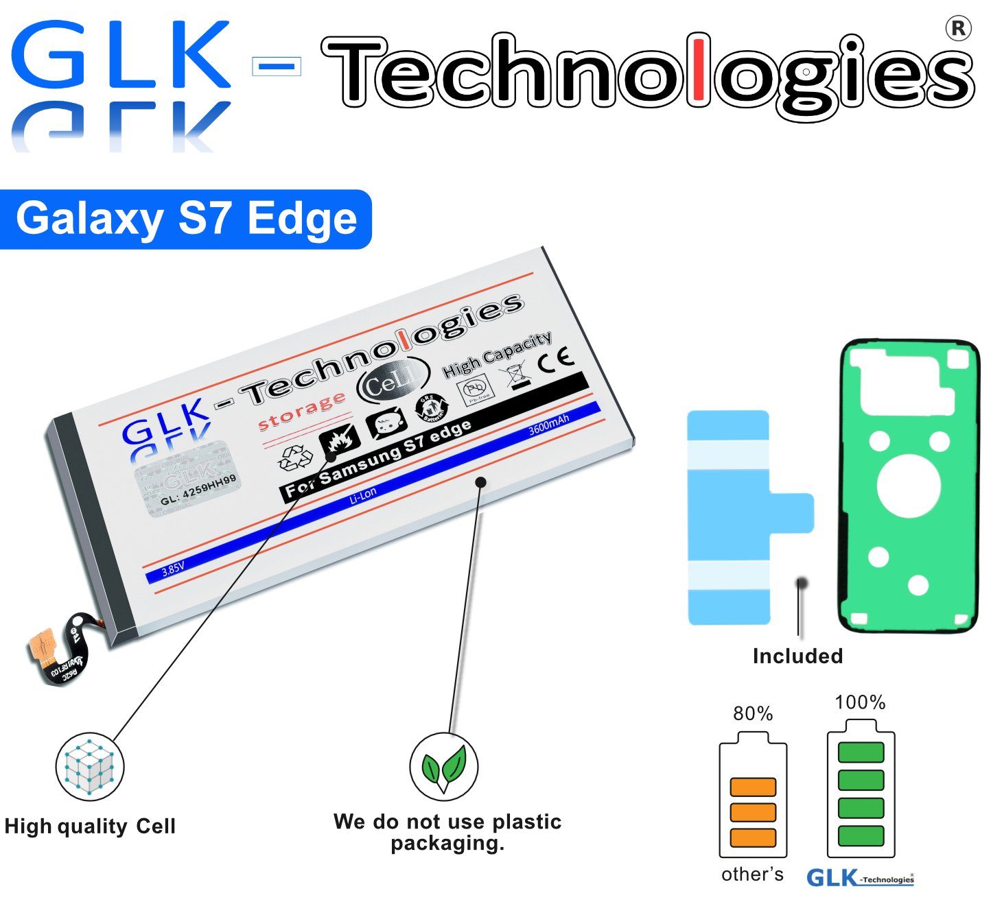 GLK-Technologies High-Capacity Ersatzakku kompatibel mit Samsung Galaxy S7 Edge SM-G935F, Original GLK-Technologies Battery, accu, 3600 mAh, ersetzt EB-BG935ABE Ohne Set Smartphone-Akku 3600 mAh