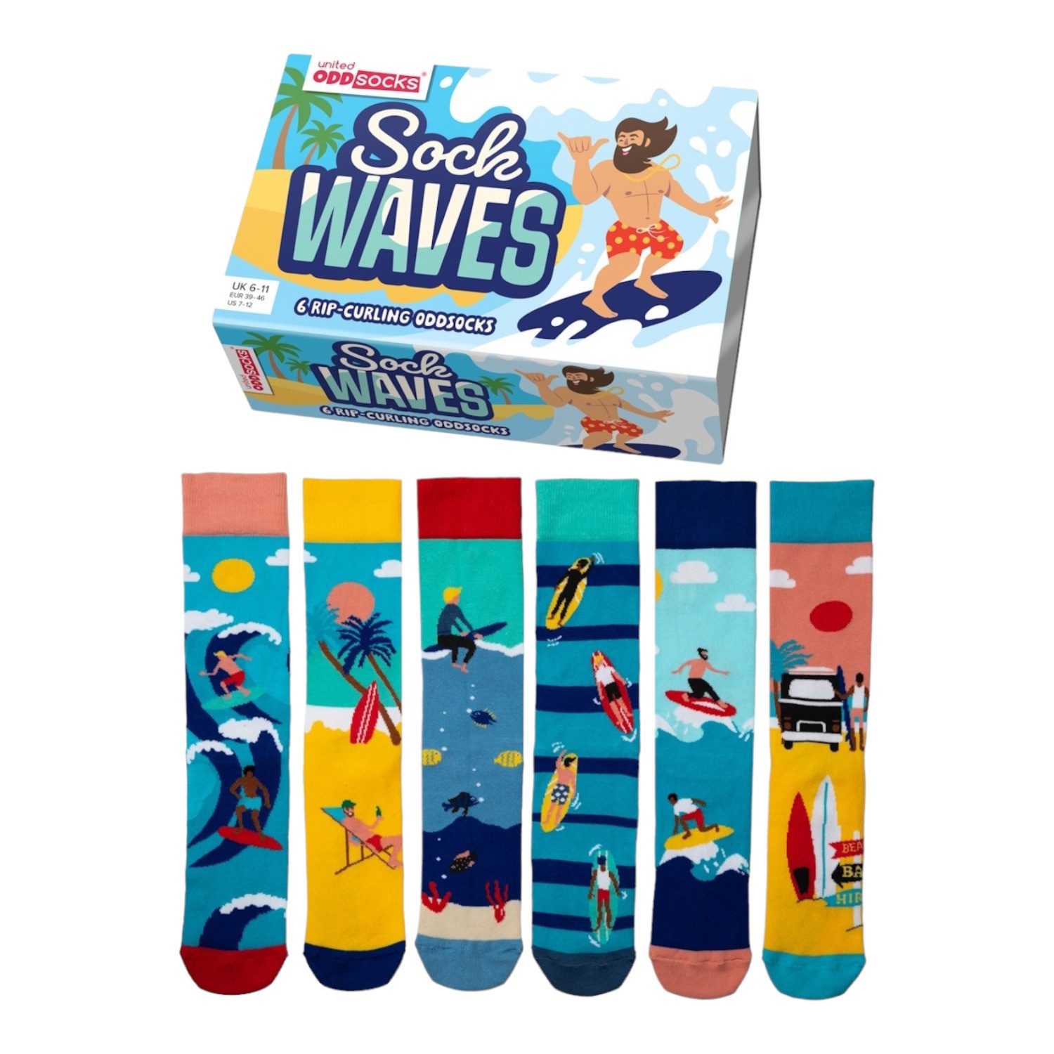 United Oddsocks Freizeitsocken Sock Waves Oddsocks Шкарпетки Surfer Strümpfe in 39-46 im 6er-Set