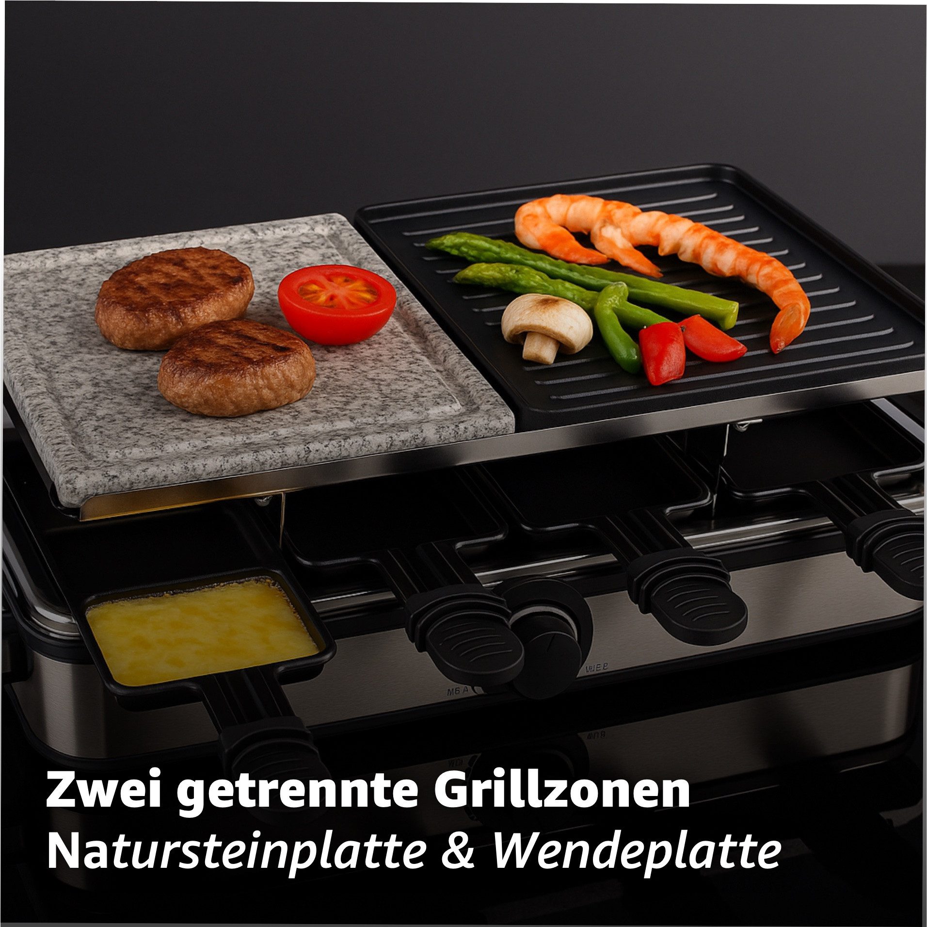 HaushaltO Raclette Raclette Set für 8x Personen - Grillplatte & Steinplatte, 8 Raclettepfännchen, 1400,00 W, mit Steinplatte