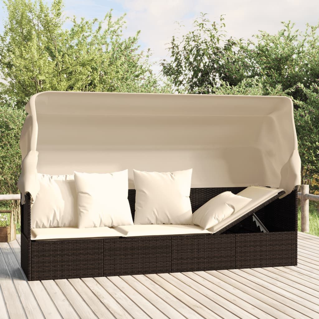 furnicato Loungebett Outdoor-Braun 203x65x127 cm mit PE-Rattan und Stahlrahmen, 1 Teile, UV-beständige Sonnenliege mit faltbarem Dach und inkl. Kissen-Set