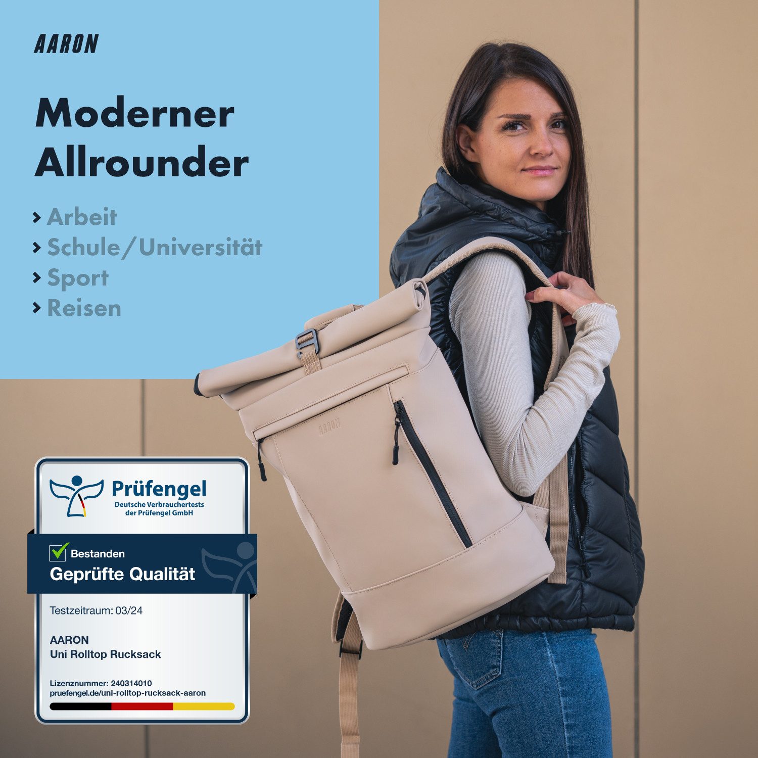 AARON Rucksack UNI Rolltop Rucksack aus recyceltem PU-Leder - 16-22L, Beige
