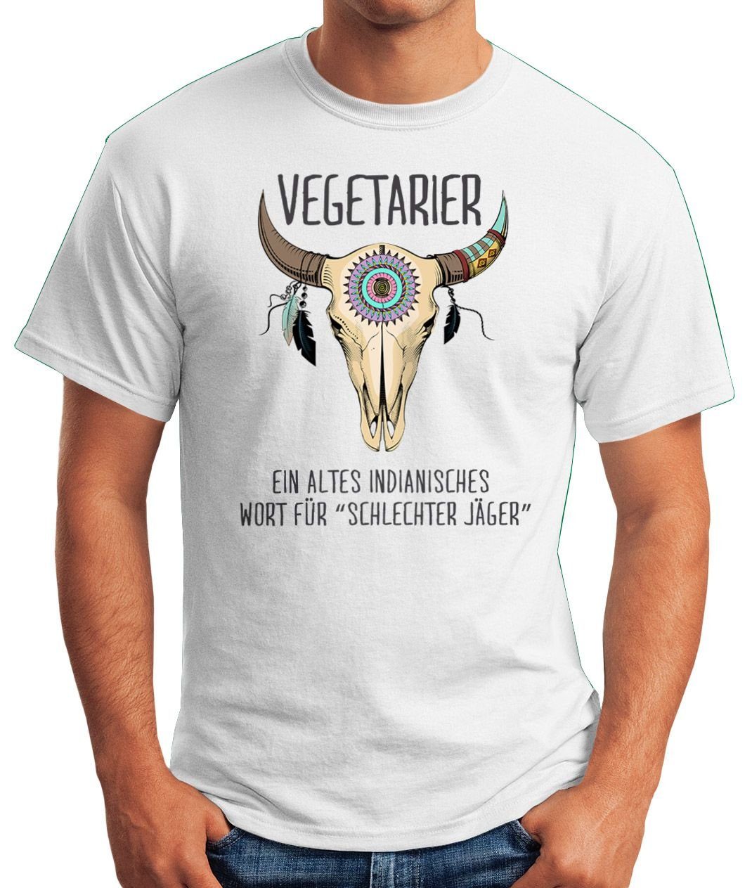 MoonWorks Print-Shirt Jäger lustig Spruch Vegetarier Print Vegetarier mit Skull / weiß Moonworks® T-Shirt Veganer Schlechter Herren Fun-Shirt