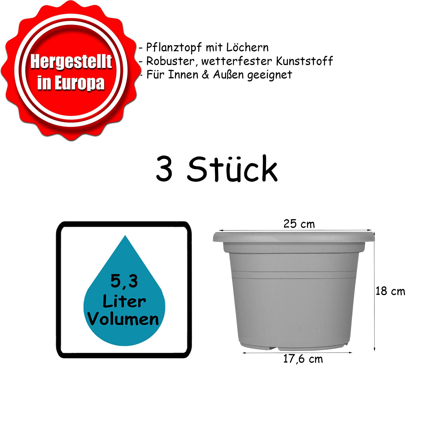 BigDean Blumentopf Pflanzkübel aus Kunststoff rund (Set, 3 St., Blumentöpfe), Blumentöpfe, Wetterfest, Hochwertig, Blumenkübel, Pflanztöpfe – Bild 5 von 5
