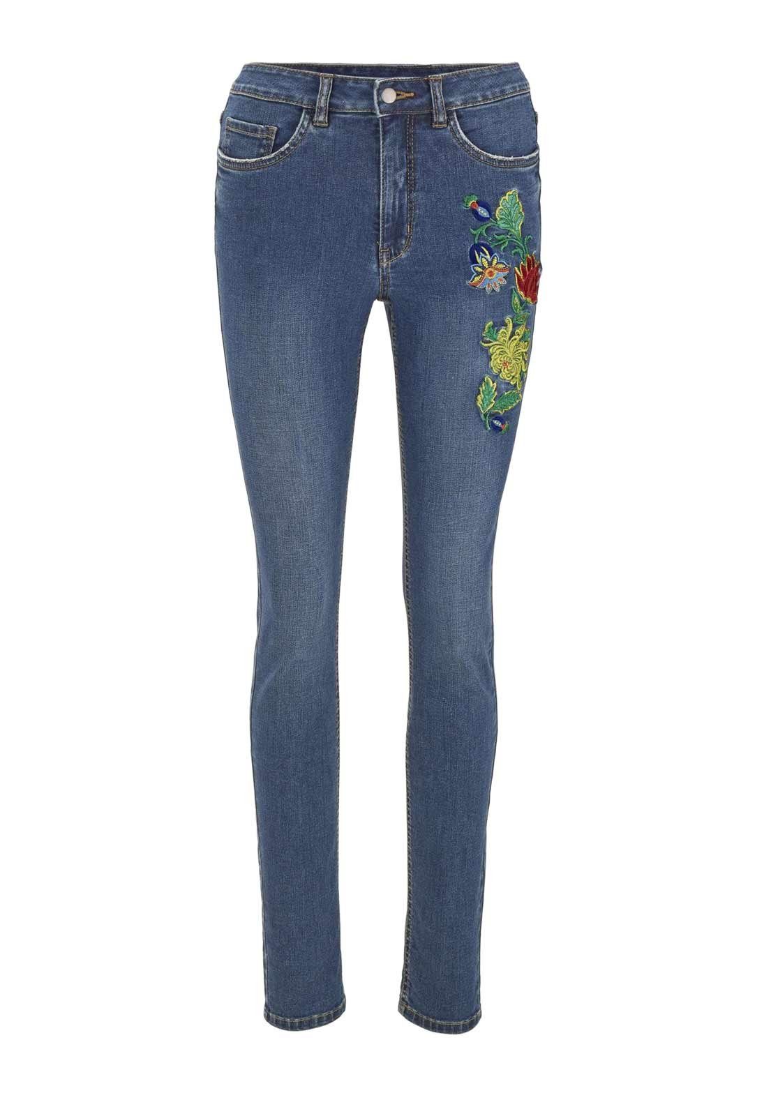 heine Slim-fit-Jeans Heine Damen Slim-Fit-Jeans mit Stickerei, blau-used
