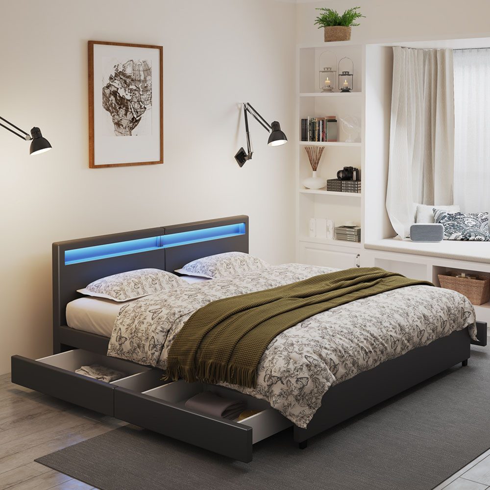 HOME DELUXE Kunstlederbett LED Bett mit Schubladen - 200 x 200 cm / 270 x 200 cm (inkl. Schubladen), gepolstertes Kopfteil, LED Beleuchtung, Familienbett, Stauraumbett