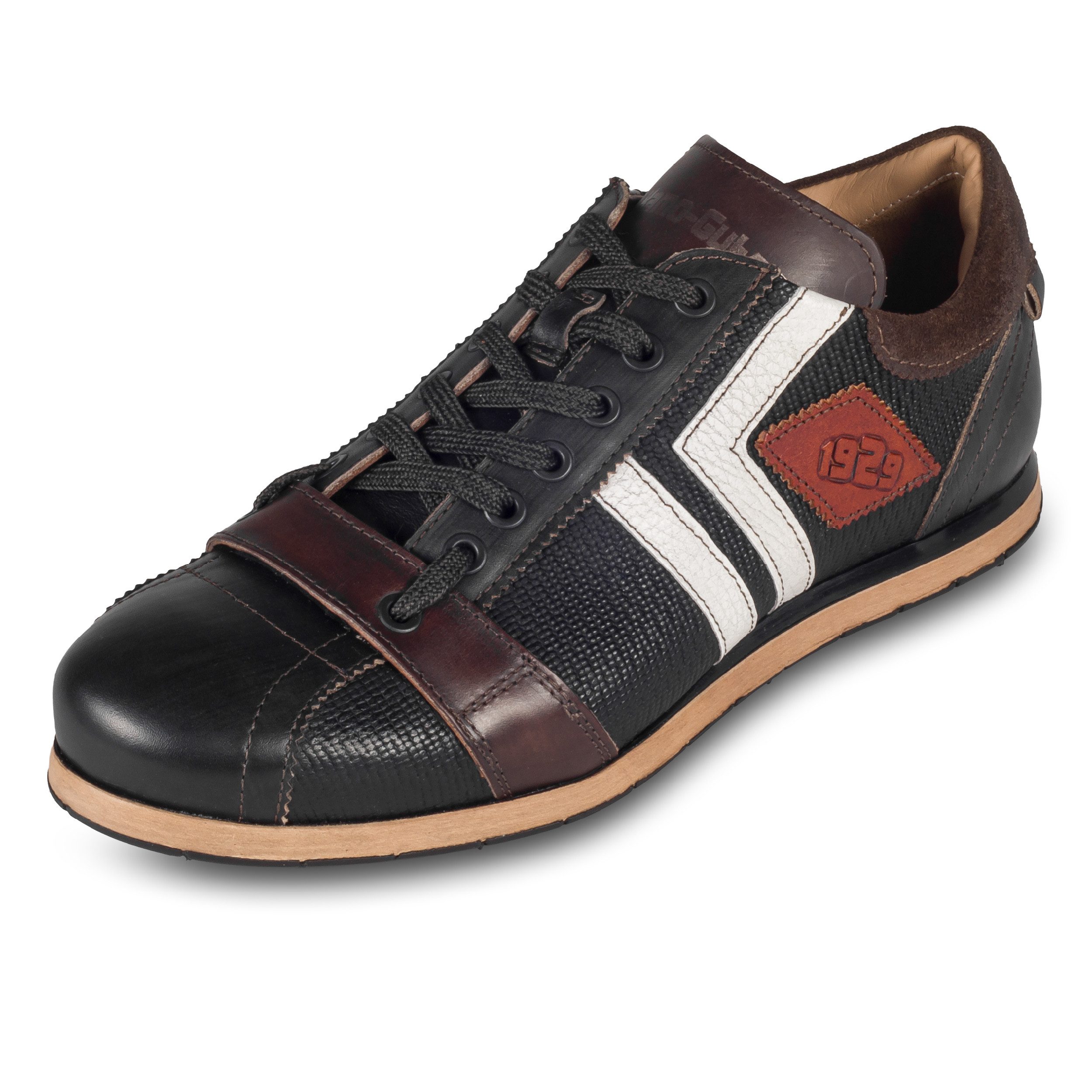 Kamo-Gutsu Herren Sneaker Leder schwarz/braun - TIFO-030 nero, Retro Sneaker Handgefertigt in Italien