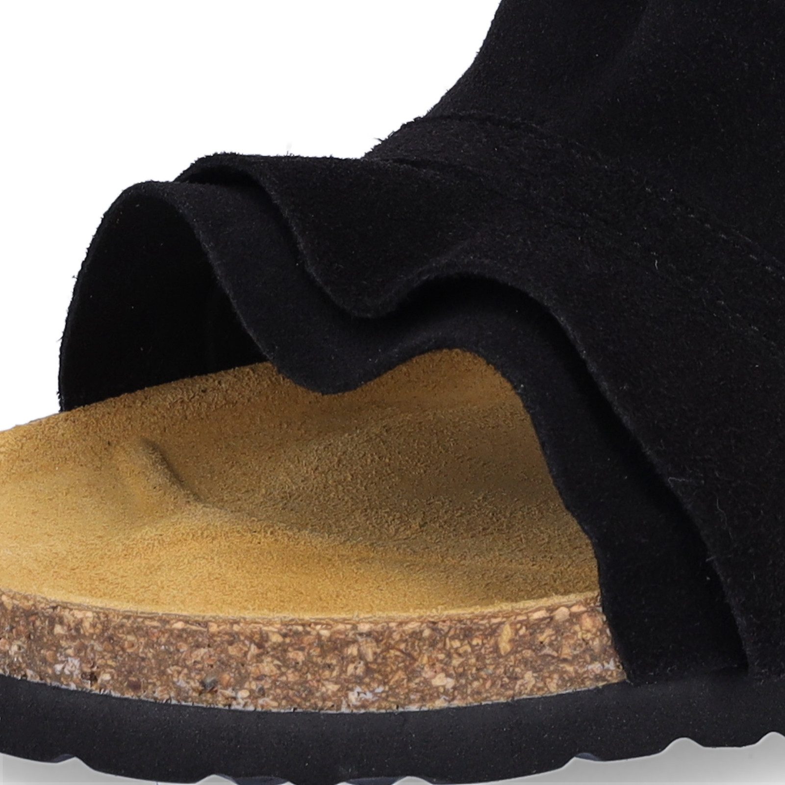 MIDS MIRABEL Damen Pantolette schwarz aus Velourleder mit Rüschenriemen, Lederfußbett & Korksohle – Bild 5 von 5