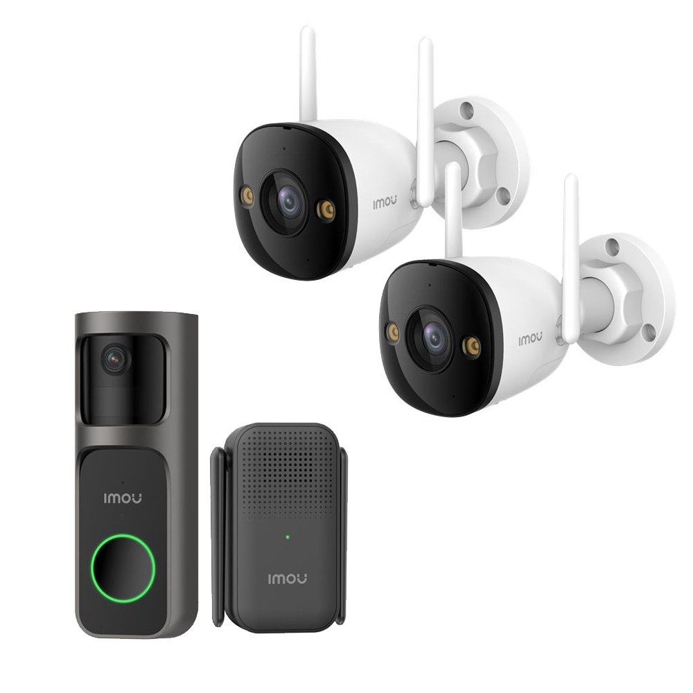 Imou Smart Home Türklingel IMOU Überwachungsset 3 Kameras: 2x Bullet 3 3MP & Doorbell 2S (Außenbereich, PIR-Erkennung, Farbnachtsicht, Sirenenalarm, WLAN-Verstärker)