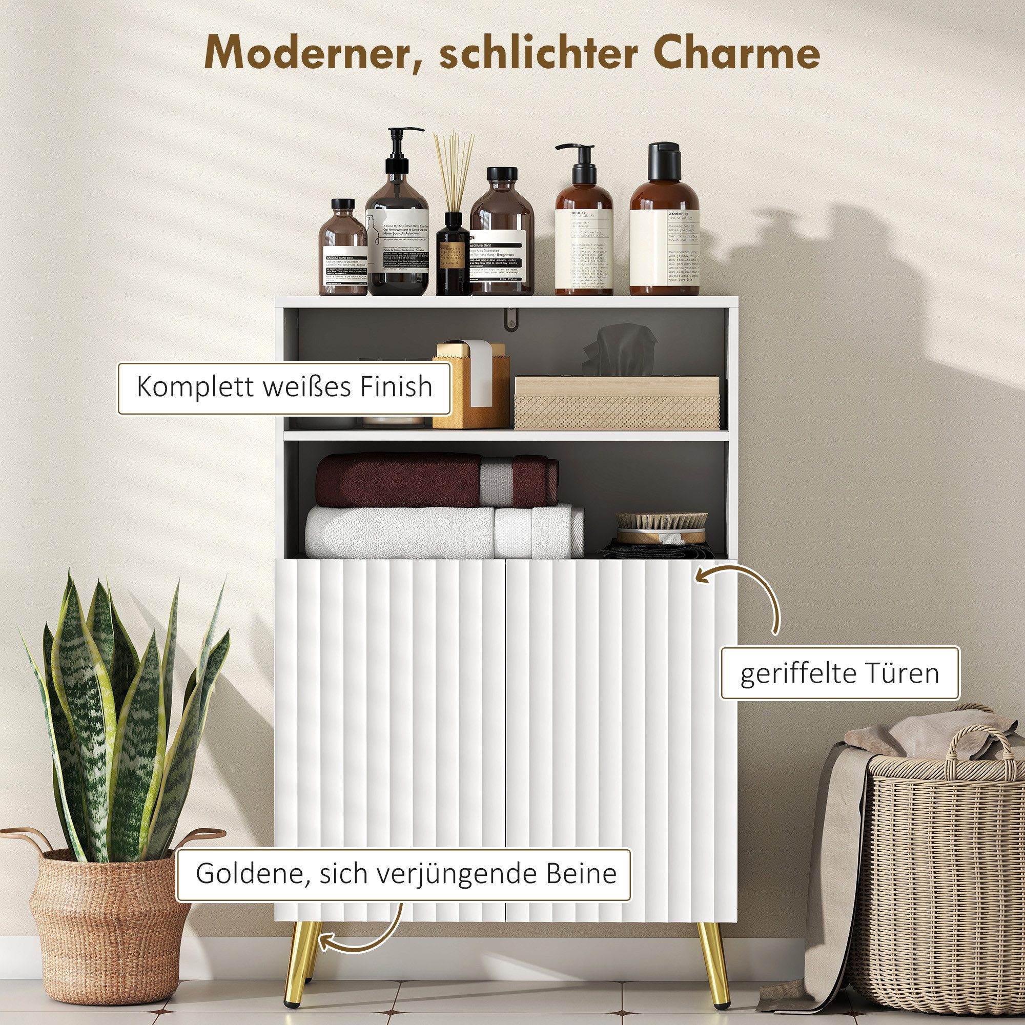 HOMCOM Badkommode Badezimmerschrank mit 2 Soft-Close-Türen, Verstellbaren Ablagen (Badschrank, 1 St., Aufbewahrungsschrank), für Badezimmer, Wohnzimmer, Weiß – Bild 4 von 5