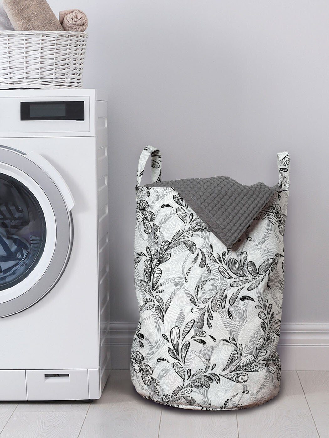 Kordelzugverschluss Waschsalons, Monochrome Blatt Griffen mit Sketch Wäschekorb für Abakuhaus Grunge Wäschesäckchen