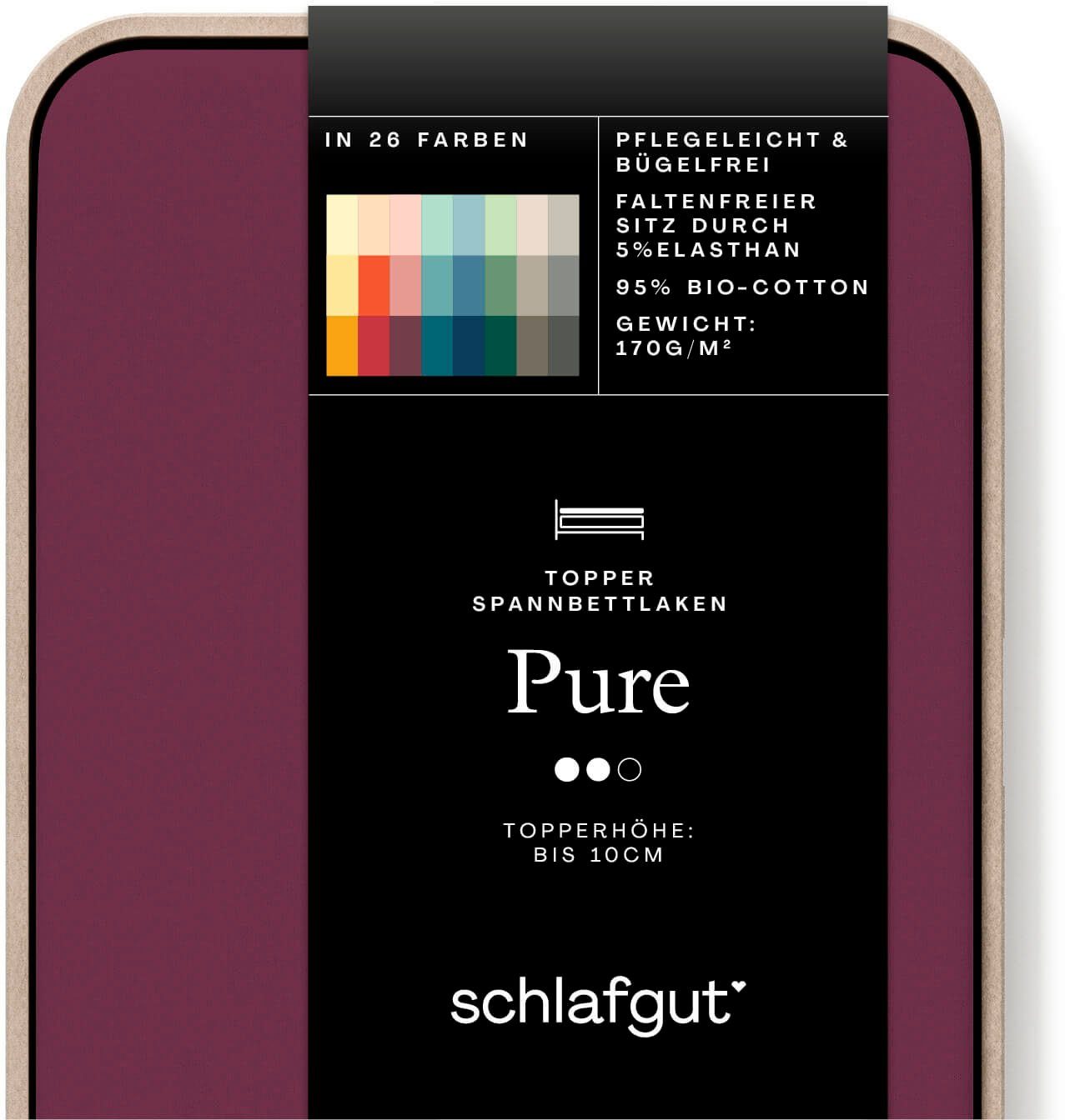 Schlafgut Spannbettlaken PURE TOPPER Bio-Baumwolle mit Elasthan 170 g/m² für Topper bis 10 cm, Jersey-Elasthan, Gummizug: rundum, (1 Stück), PREMIUM Laken für Matratzen bis 10 cm Höhe, dehnbar, blickdicht