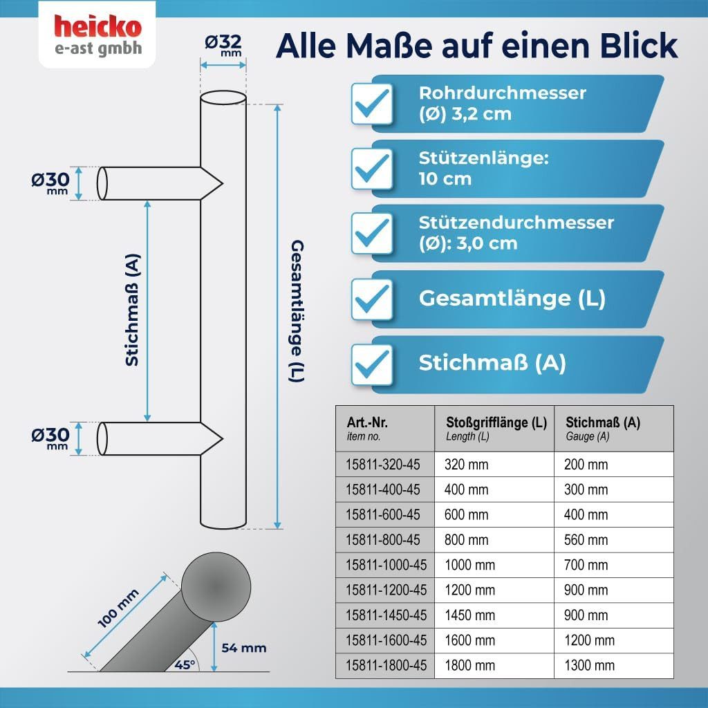heicko e-ast GmbH Stoßgriff Haustürgriff Edelstahl Stoßgriff mit 45° Stützen Ø 30 mm – Bild 4 von 5