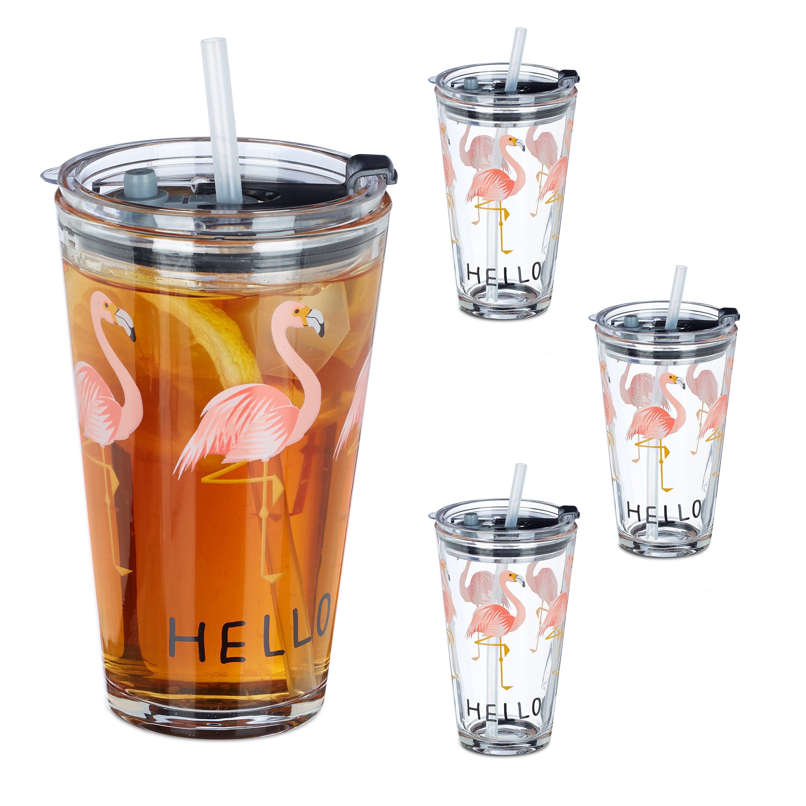 relaxdays Скло-Set 4er Set Glasbecher Flamingo, Glas