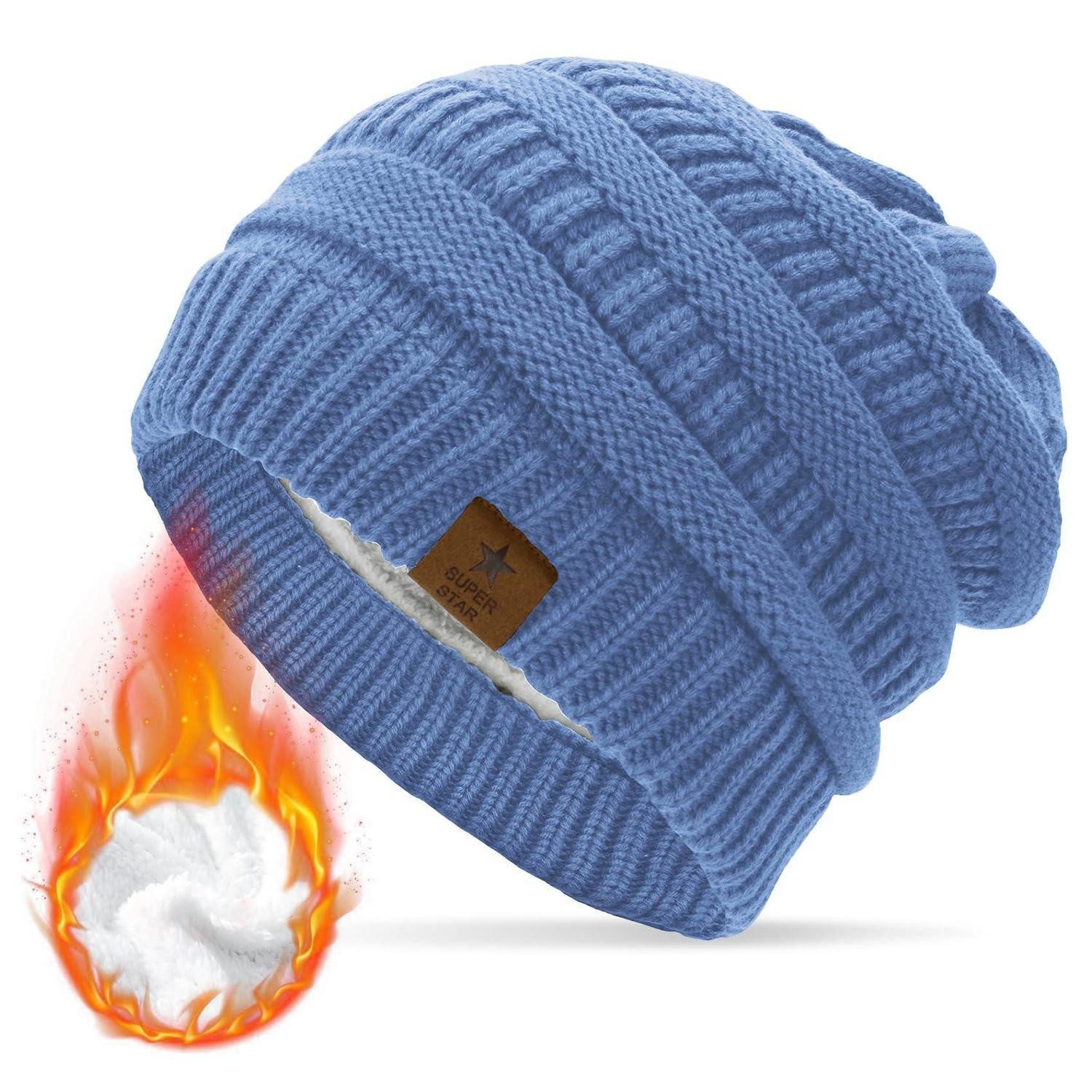 LuxusKollektion Strickmütze Strickmütze Damen Blau Warm Fleece Futter Lederoptik (1-St)