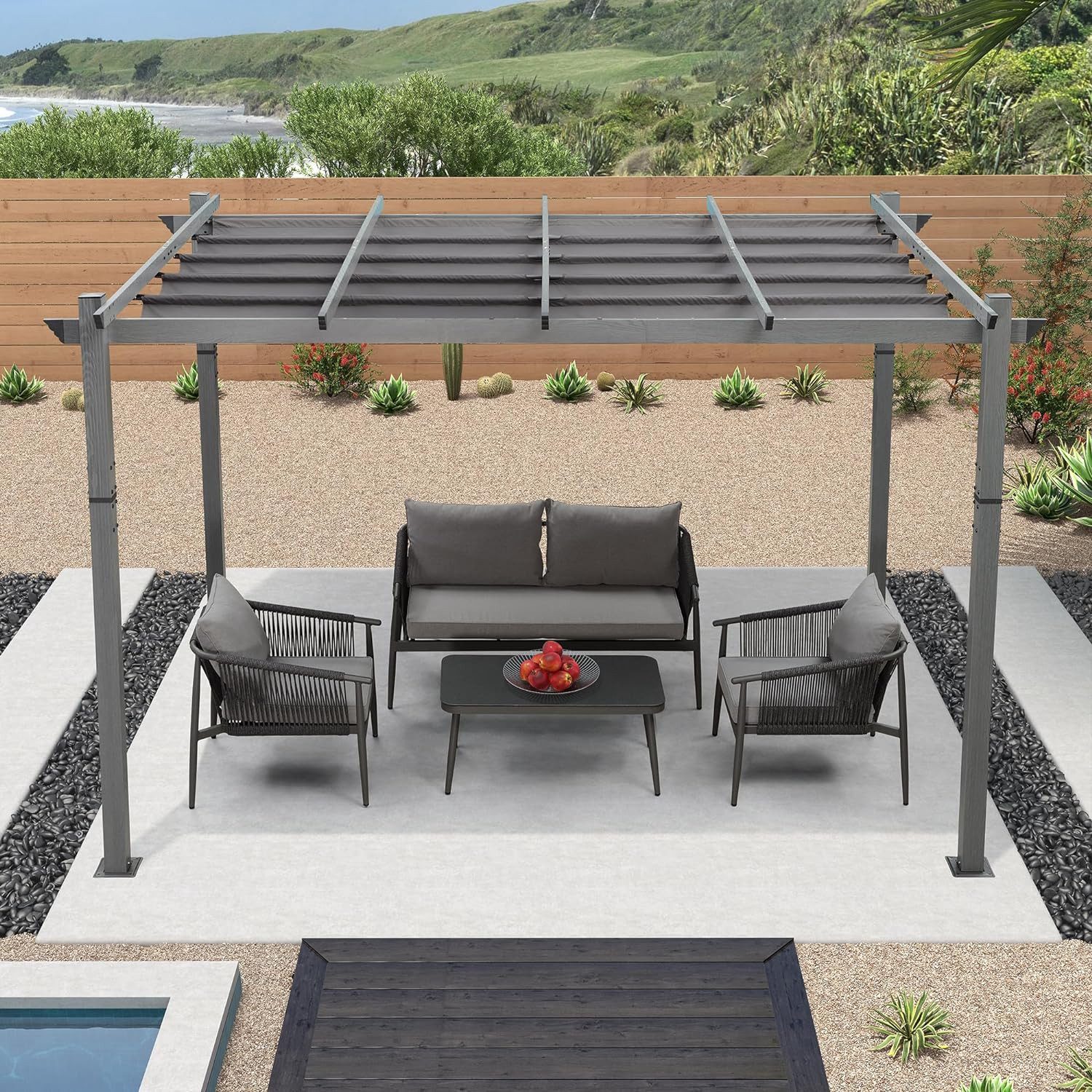 PURPLE LEAF Pergola 3 x 3 m Pergola, Gartenpavillon mit Sonnenschutz Überdachung, Rahmen aus Aluminium mit Holzmaserung, Wasserdicht, stabil