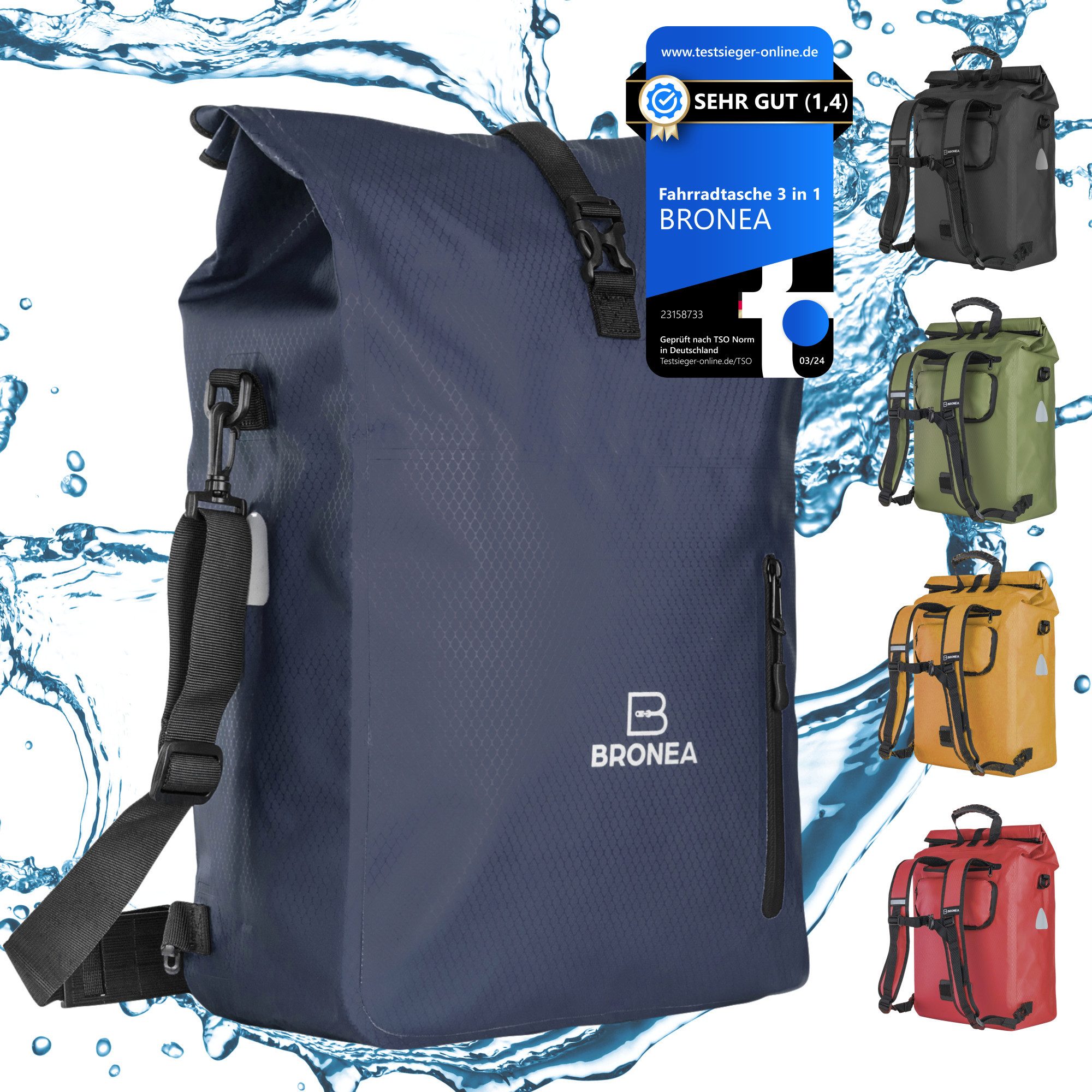 Bronea Fahrradtasche 3 in 1 Wasserdicht - 28L - JEANSBLAU- Kombi Rucksack & Umhängetasche - (Schnellmontage an Gepäckträger, integrierte Laptoptasche), Diamond-Struktur Laptoptasche 100% Wasserdicht Reflektierende Elemente
