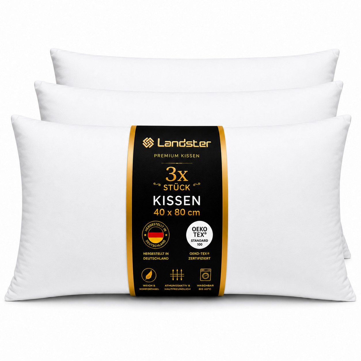 Landster Baumwollkissen Kopfkissen Hotelkissen Schlafkissen Hotelqualität, Füllung: 100% Polyester, Bauchschläfer, Rückenschläfer, Seitenschläfer, Reißverschluss für Füllung-waschbar, Hergestellt in Deutschland