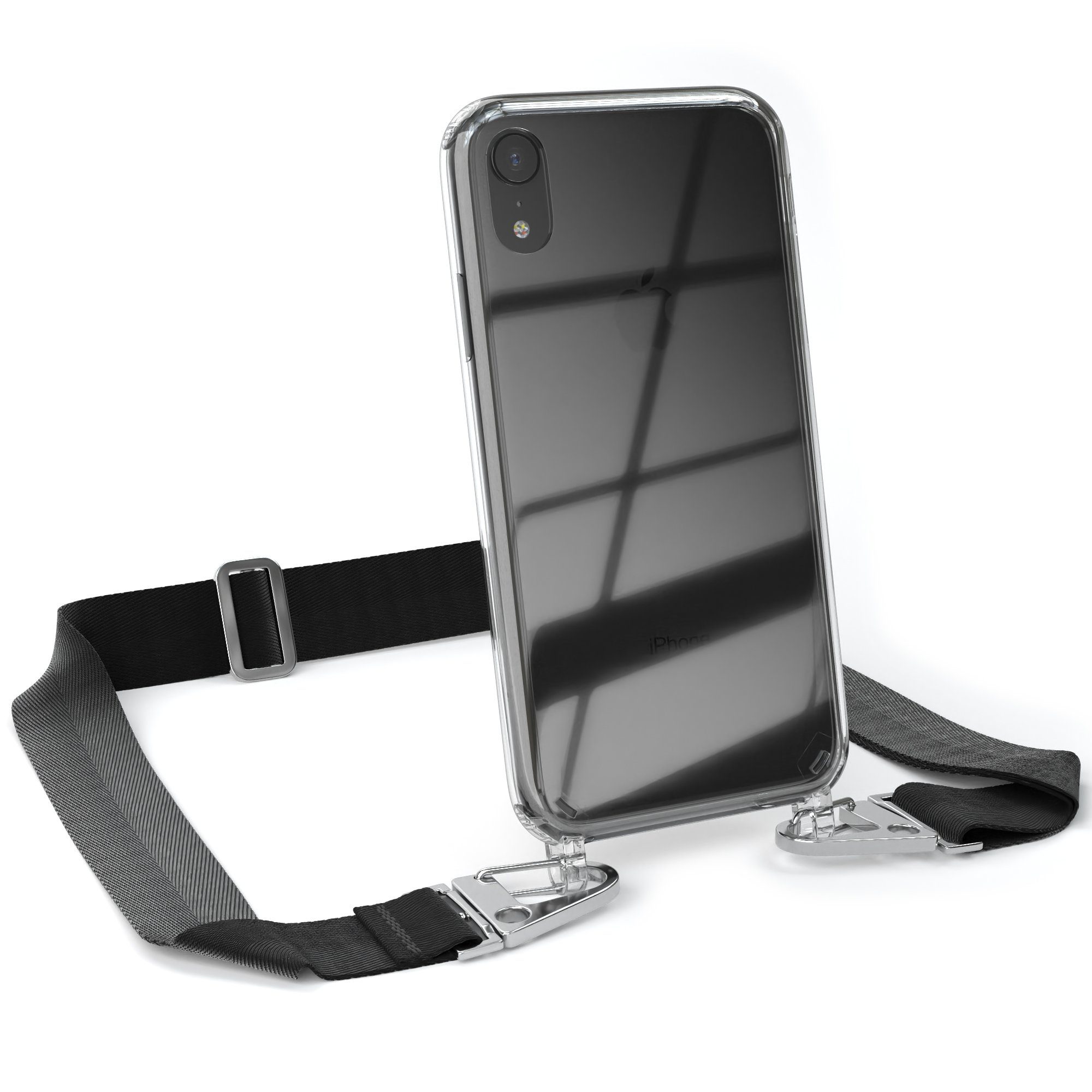 EAZY CASE Handykette Silikon Kette Karabiner für Apple iPhone XR 6,1 Zoll, Schutzhülle zum Umhängen Handyhülle mit Umhängeband Schwarz Silber