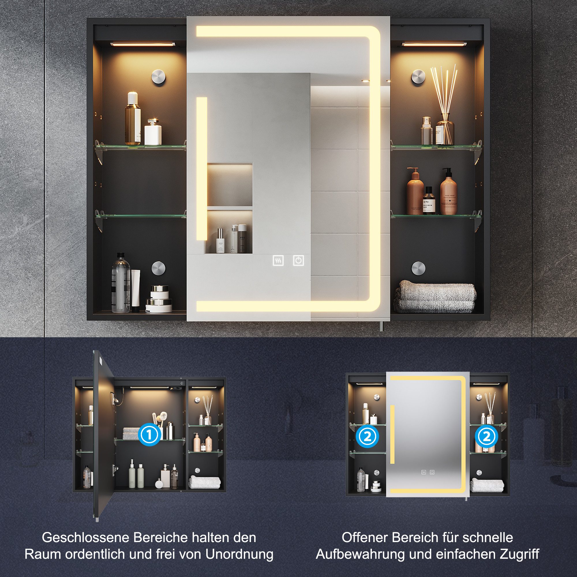 SONNI Badezimmerspiegelschrank Badezimmerspiegelschrank mit dreifarbiger Beleuchtung, Spiegelschrank – Bild 4 von 5