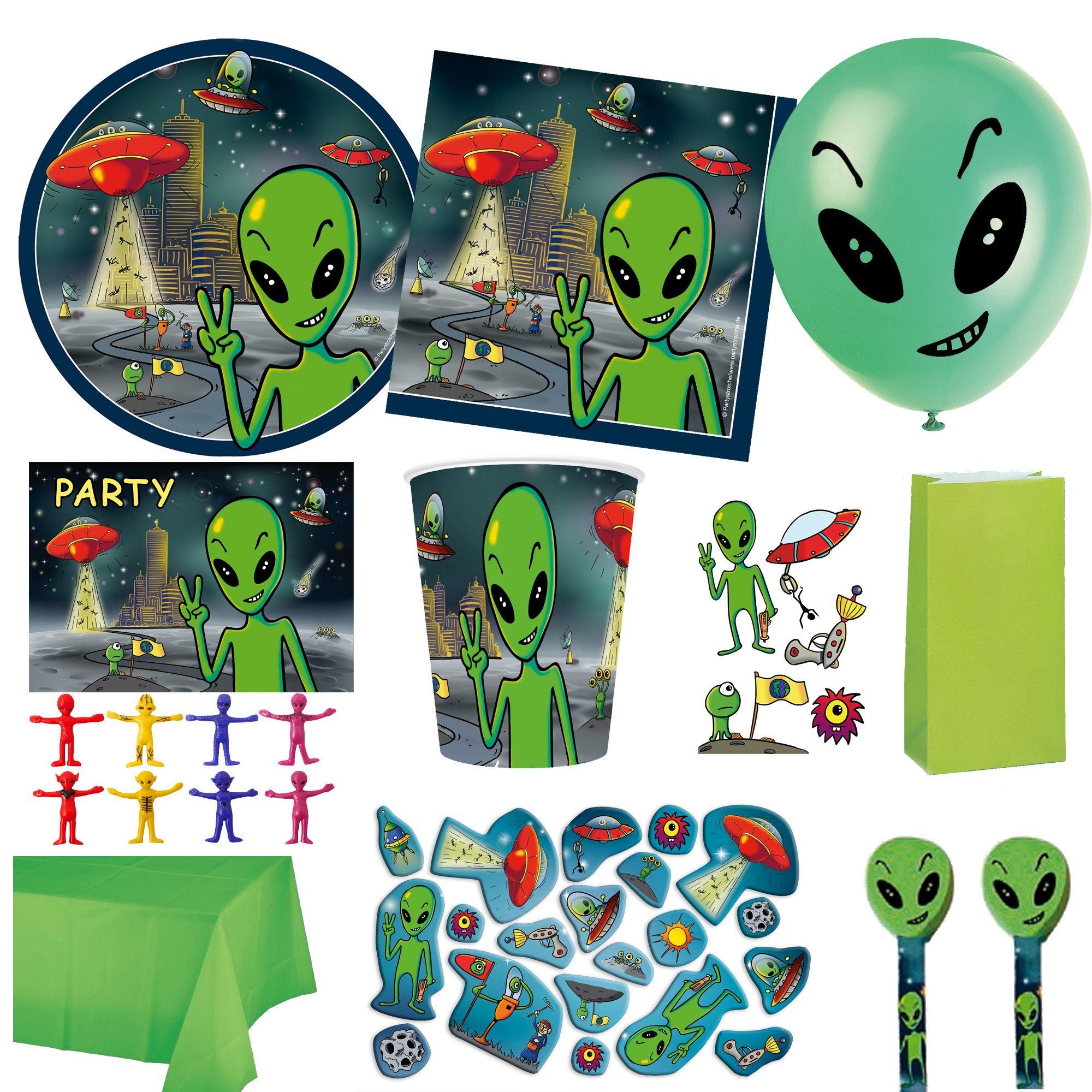Partystrolche Einweggeschirr-Set XXL Partyset Alien 149 tlg. Kindergeburtstag Weltraum Party | Einweggeschirr-Sets