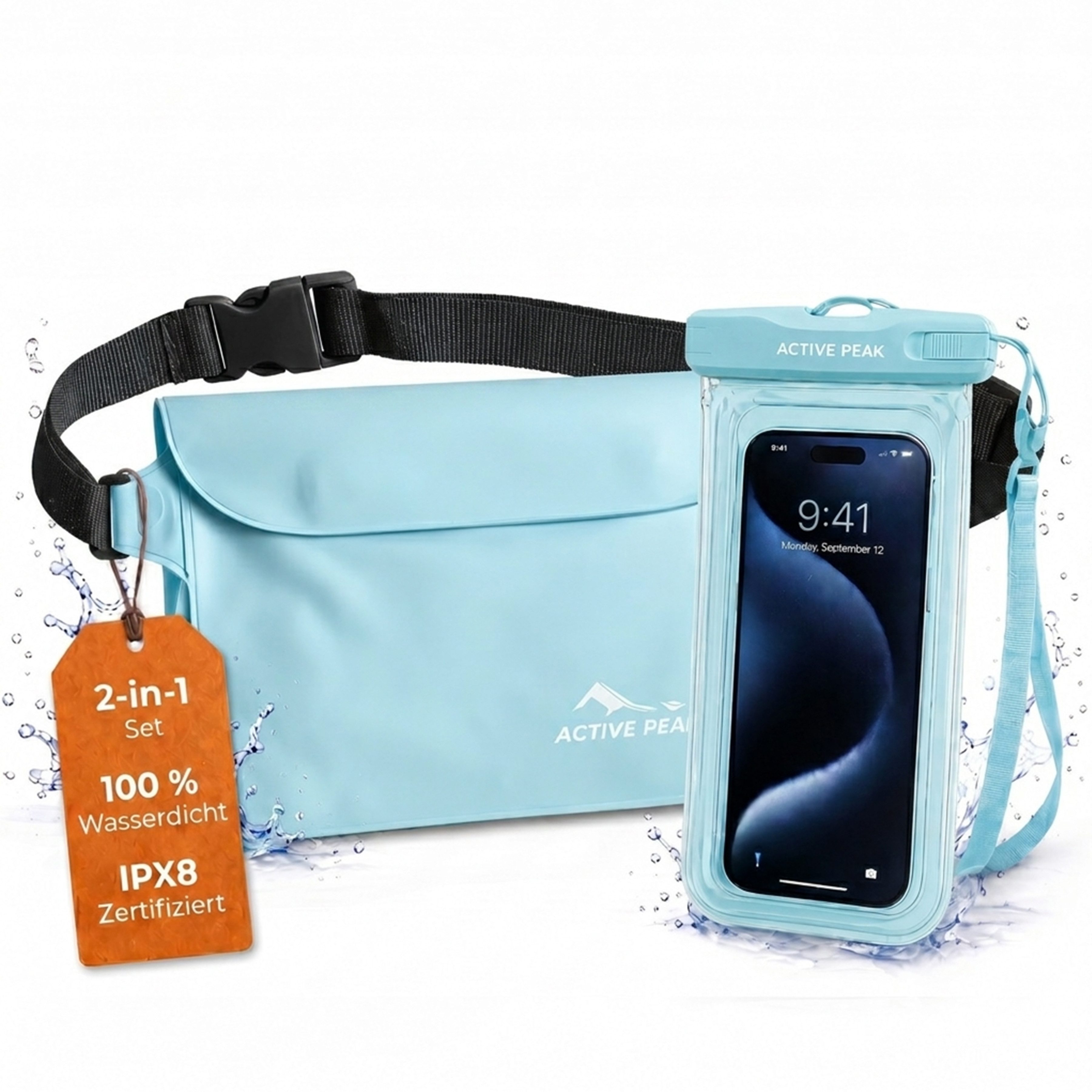 Active Peak Drybag Wasserdichte Tasche, Bauchtasche & Wasserdichte Handyhülle (2-tlg), Waterproof Bag für Kajak, Strand, Urlaub uvm.
