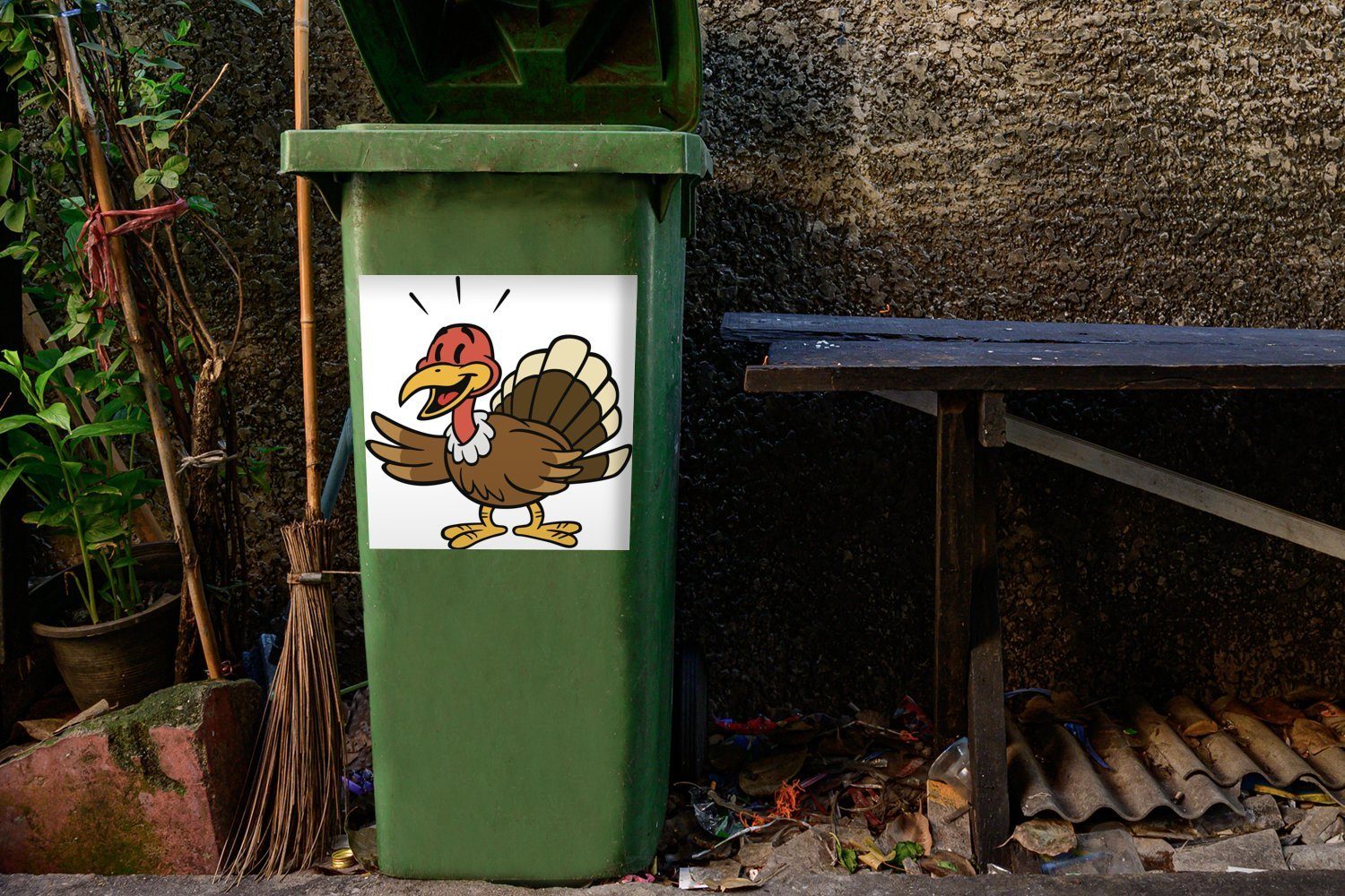 Mülleimer-aufkleber, Sticker, Truthahns St), Cartoon-Illustration Mülltonne, MuchoWow Abfalbehälter eines Container, (1 Wandsticker