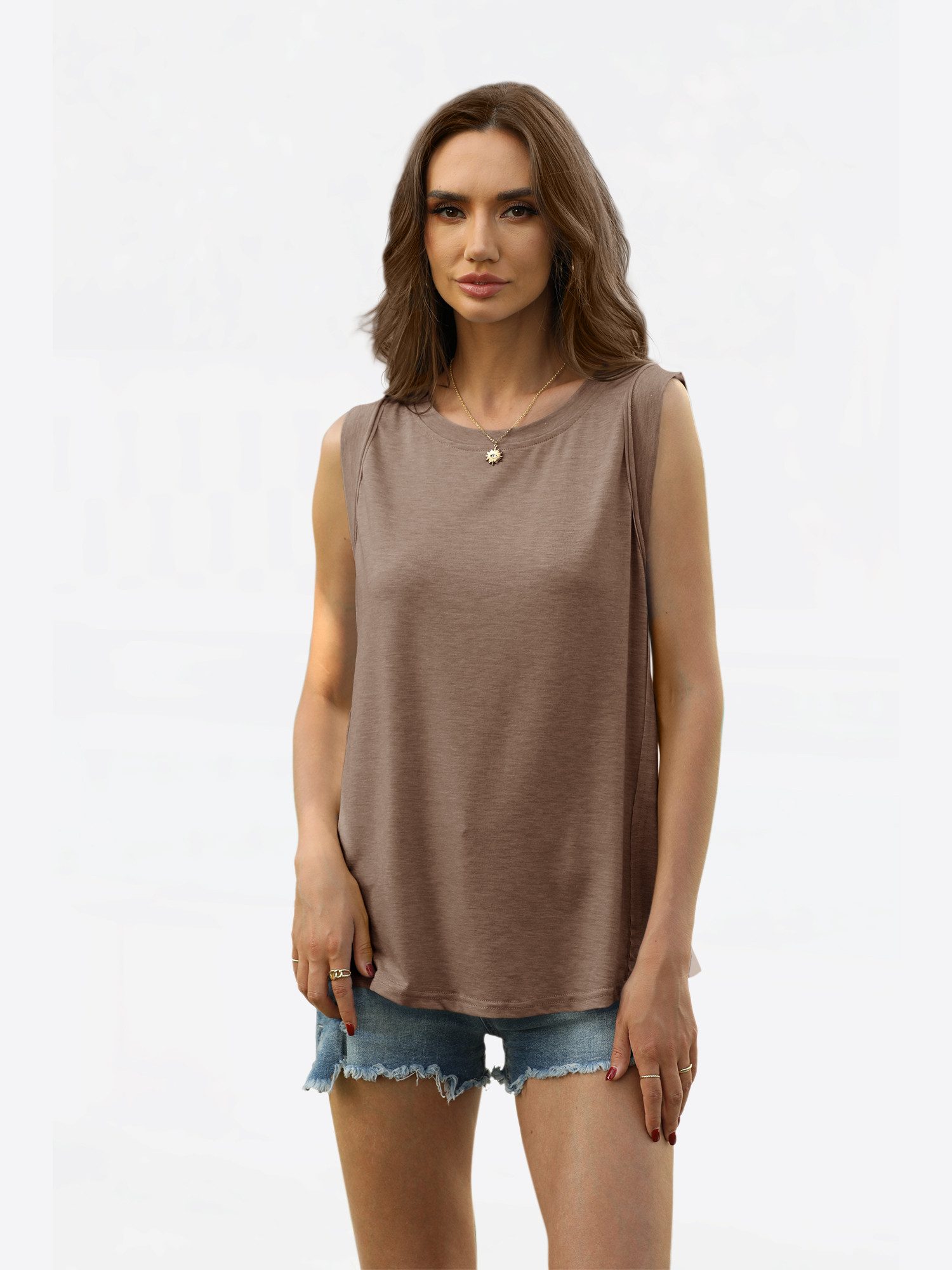 Imily Bela Tanktop Damen ärmellos Rundhals Basic Oberteil (Packung, 1-tlg., 1per-Pack) mit Rundhalsausschnitt in Unifarbe