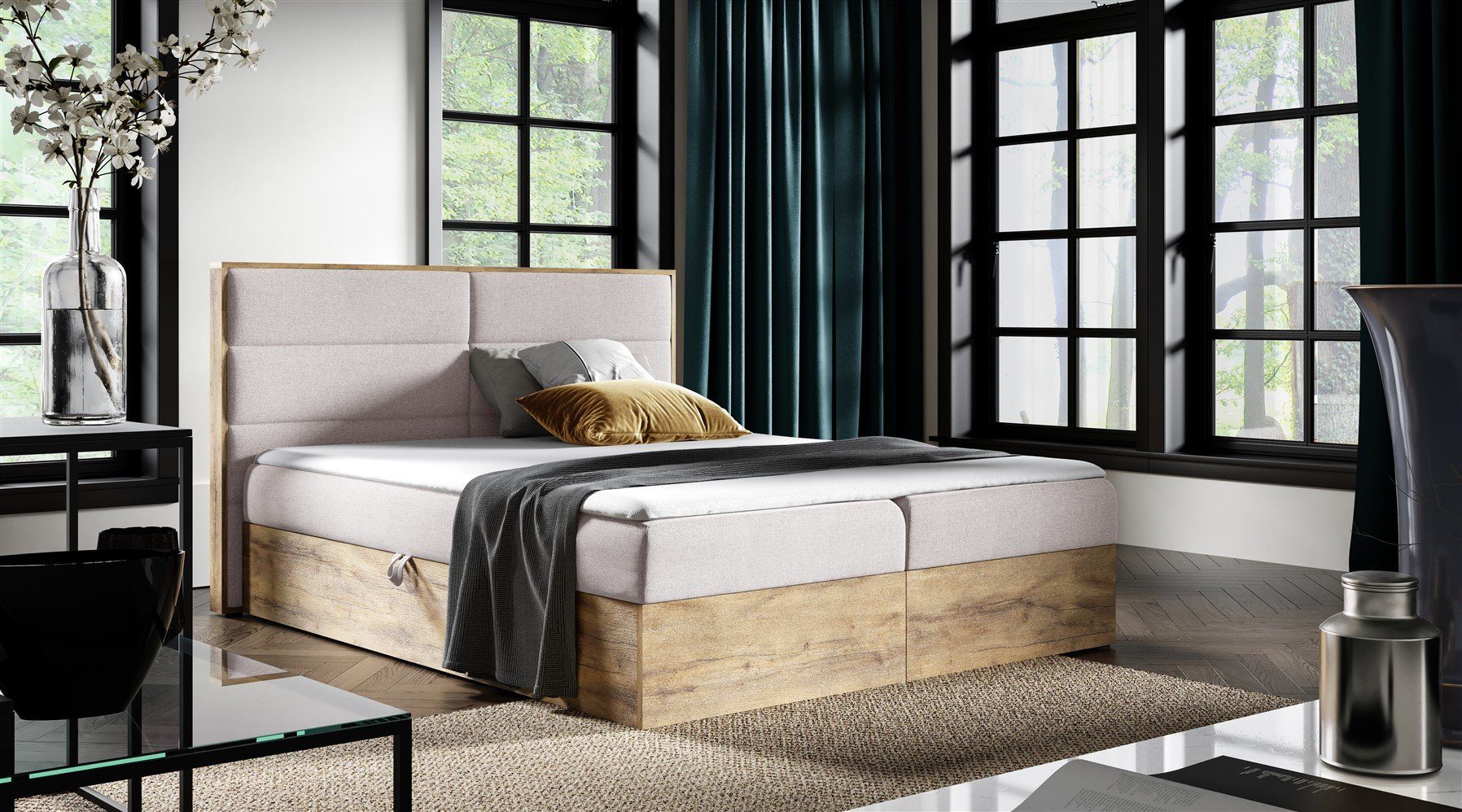 Fun Möbel Boxbett Schlafzimmerbett LAMBROS in Stoff, Lancelot-Eiche-Optik (auch in Überlänge erhältlich, inkl. Kaltschaumtopper und Bettkästen), Lancelot-Eiche-Optik