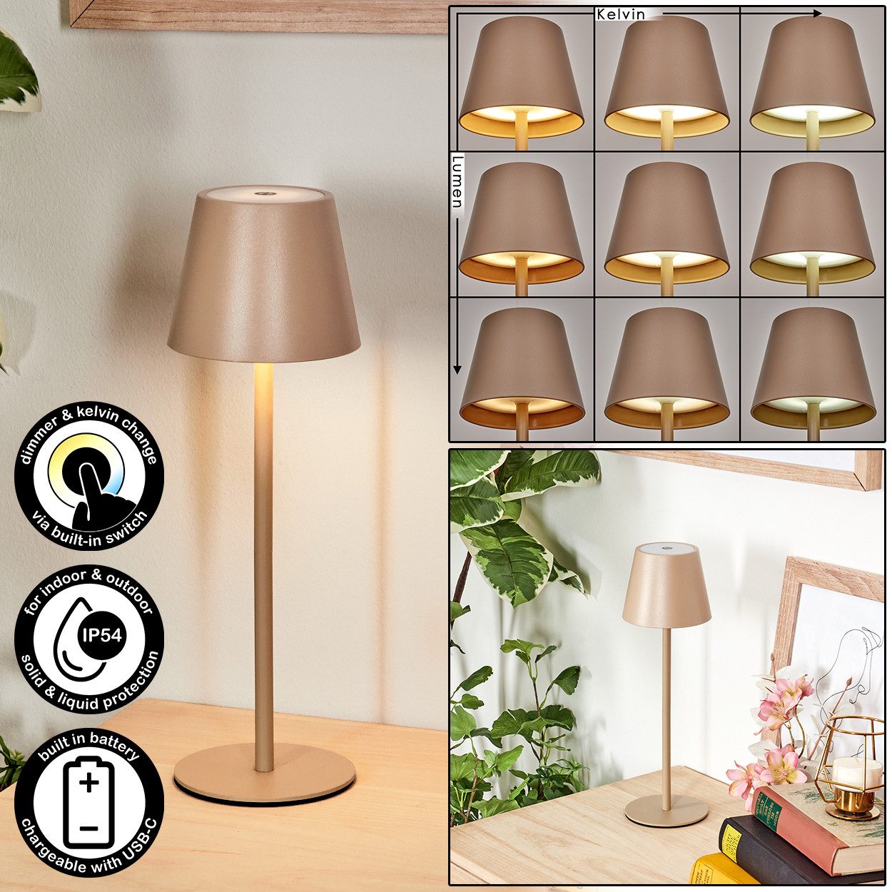 hofstein Tischleuchte Tischlampe aus Metall/Kunststoff in Sand/Weiß, dimmbare Tischleuchte mit Akku, Touchdimmer, Memoryfunktion, IP54