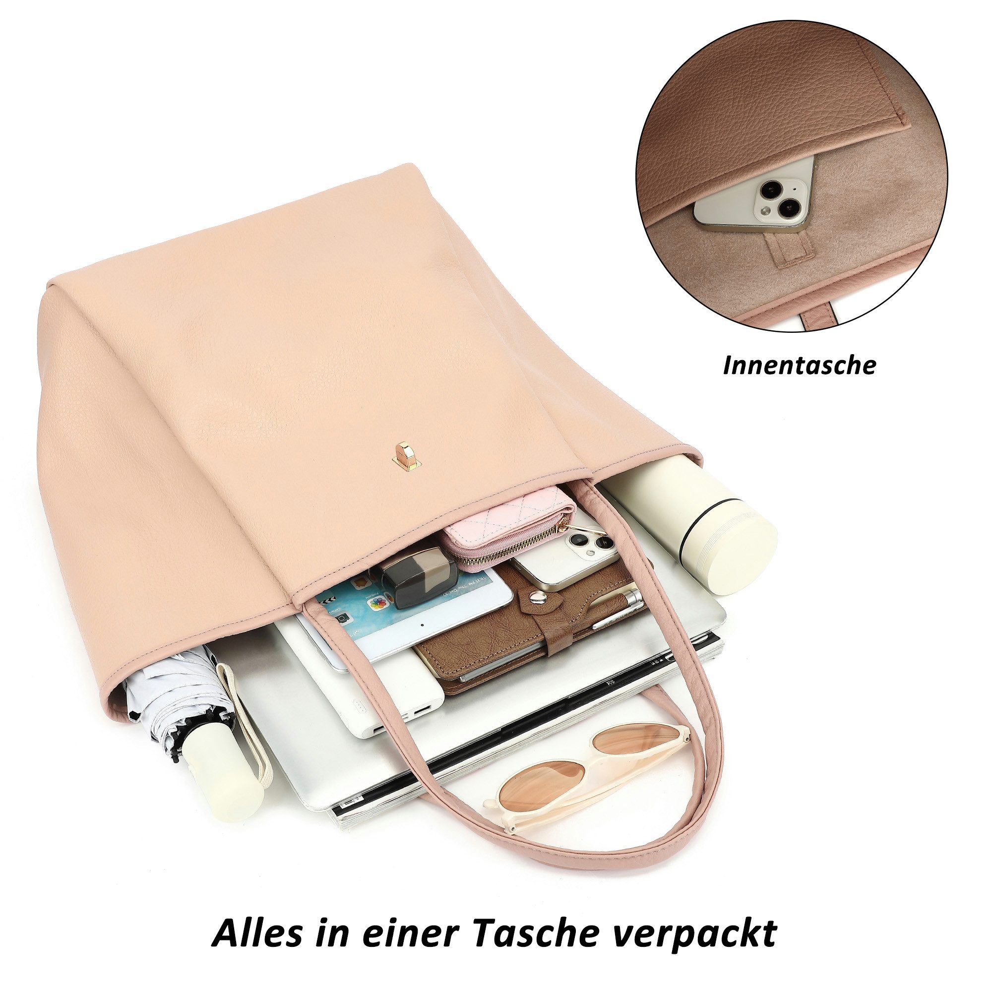 TAN.TOMI Schultertasche Damen Umhängetasche Synthetisches-Leder Tote Shopper Bag, Mit Drehverschluss und Innentasche für Arbeit, Schule, Einkauf – Bild 4 von 5