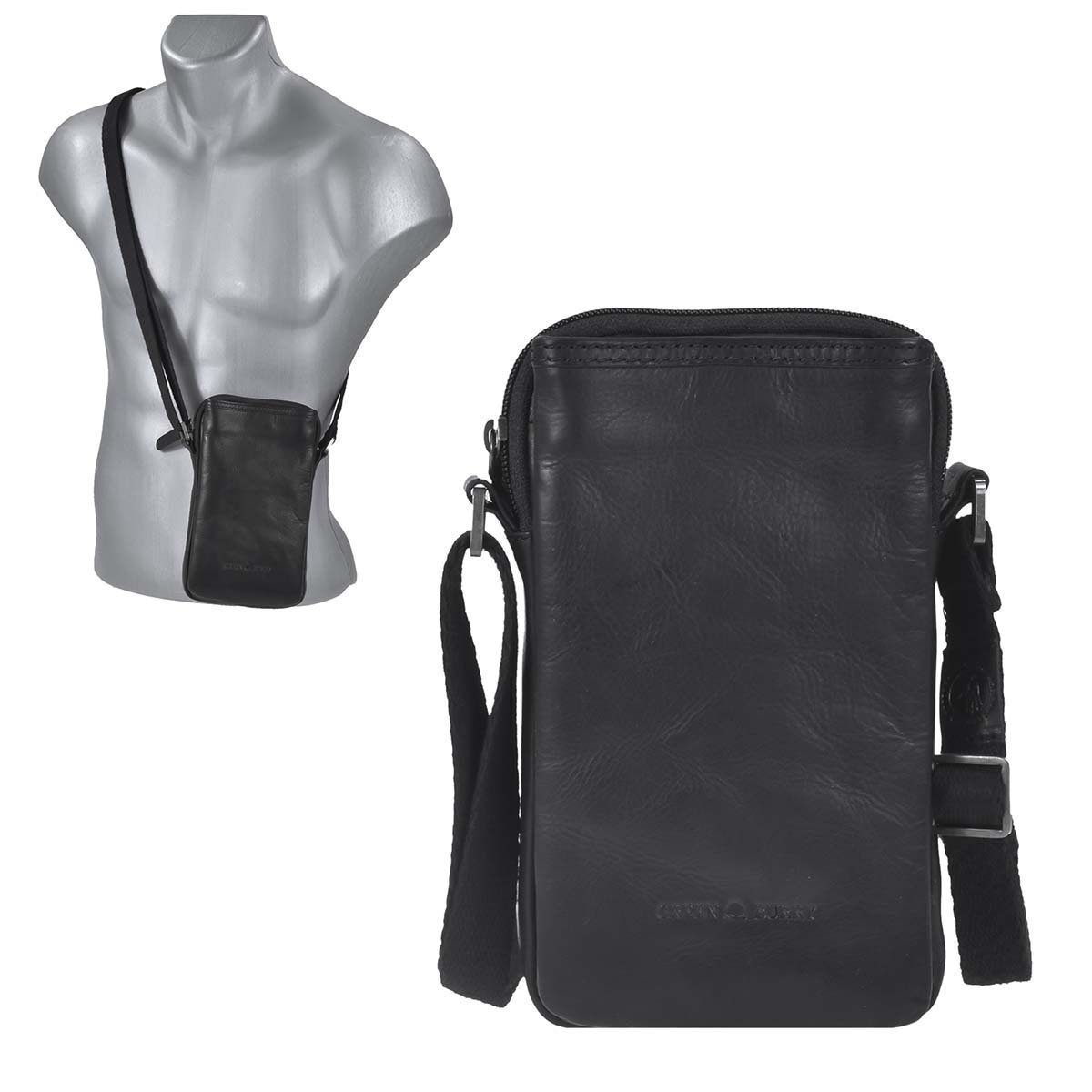 Greenburry Umhängetasche Pure Black, mit Handyfach 10x18cm, Damen Herren, Schultertasche für Handy